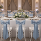 Wide Satin Chair Sash - Dusty Blue on white chiavari chair | white tablecloth | gold charger plate | white dinner plate