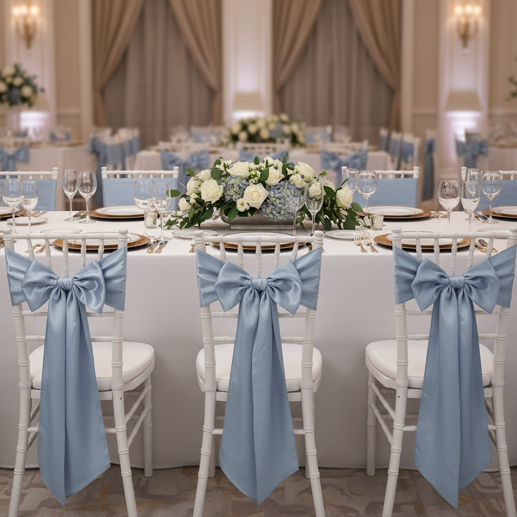 Wide Satin Chair Sash - Dusty Blue on white chiavari chair | white tablecloth | gold charger plate | white dinner plate