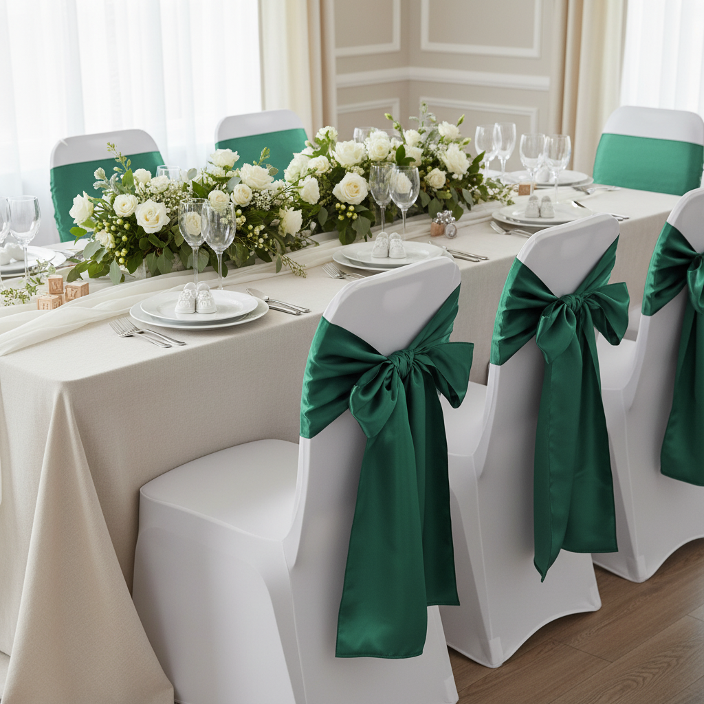 Wide Satin Chair Sash - Emerald Green | tablecloth | chair cover | charger plate | flower premade | wine goblets |