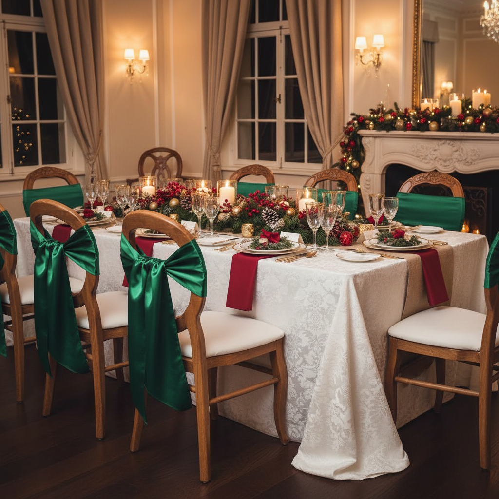 Wide Satin Chair Sash - Emerald Green | tablecloth | chair cover | charger plate | flower premade | wine goblets | napkin |