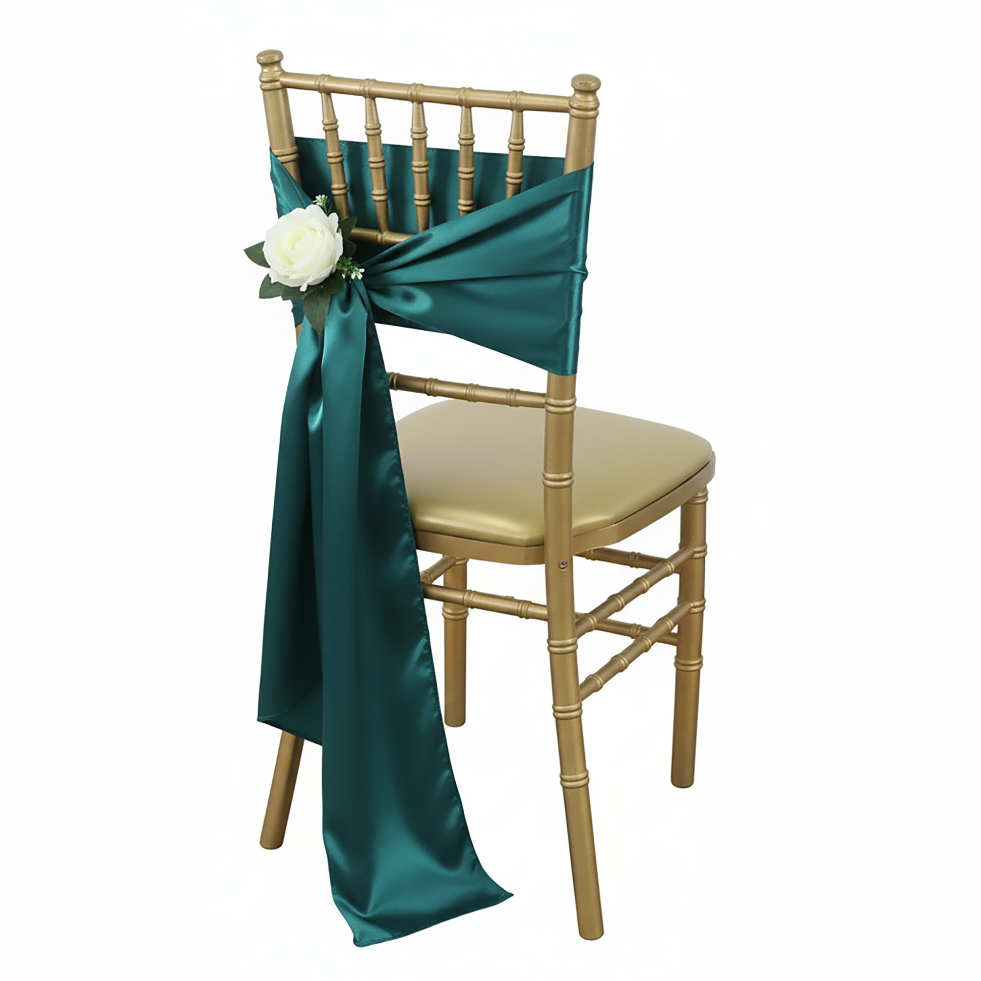 Wide Satin Chair Sash Peacock on a gold chiavari chair