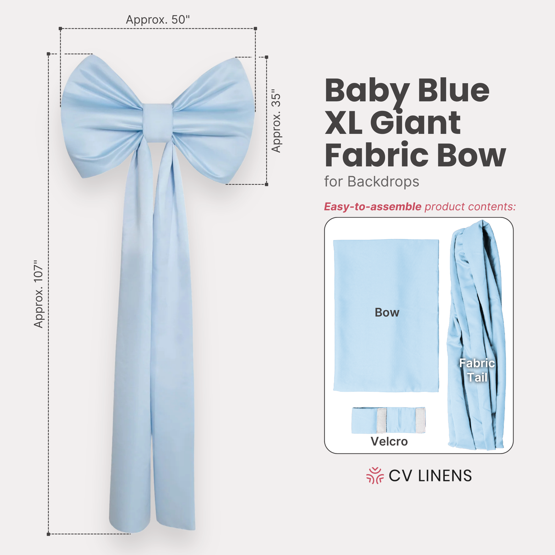 XL Giant Fabric Bow for Backdrop Baby Blue infographic showing contents