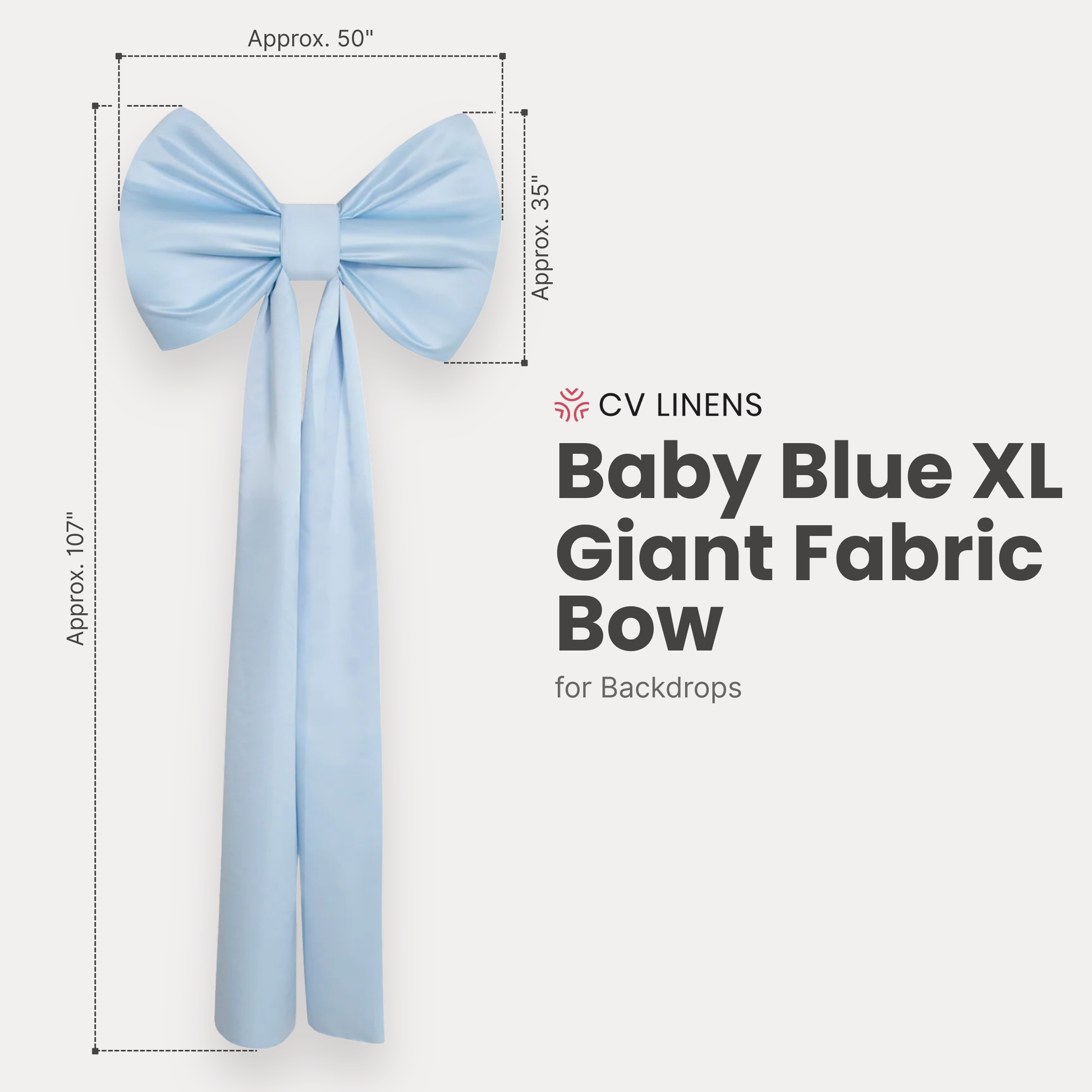 XL Giant Fabric Bow for Backdrop Baby Blue infographic showing product measurements of 107" in length and 50" wide