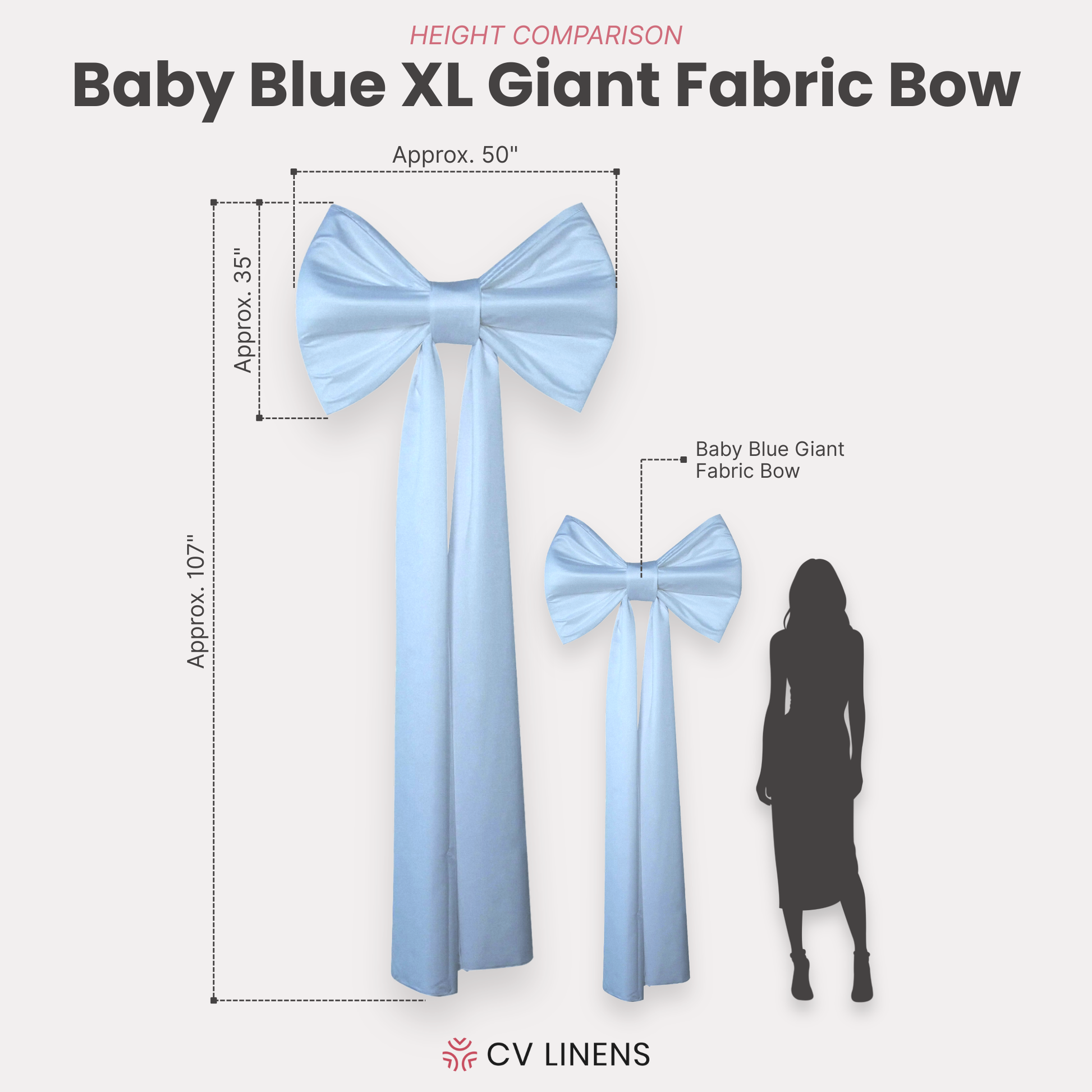 XL Giant Fabric Bow for Backdrop Baby Blue infographic showing product measurements compared to the Giant Fabric Bow