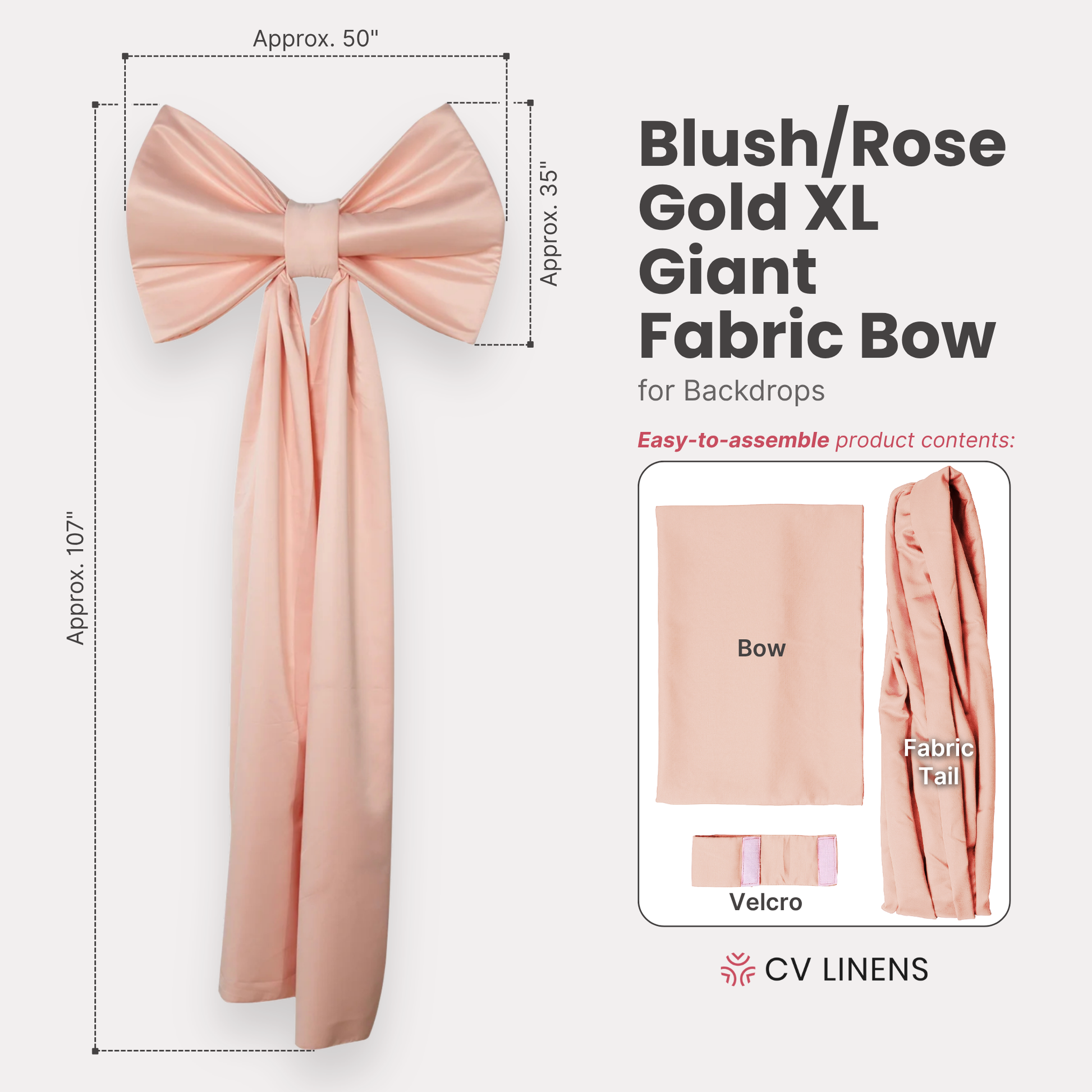 XL Giant Fabric Bow for Backdrop Blush/Rose Gold infographic showing contents