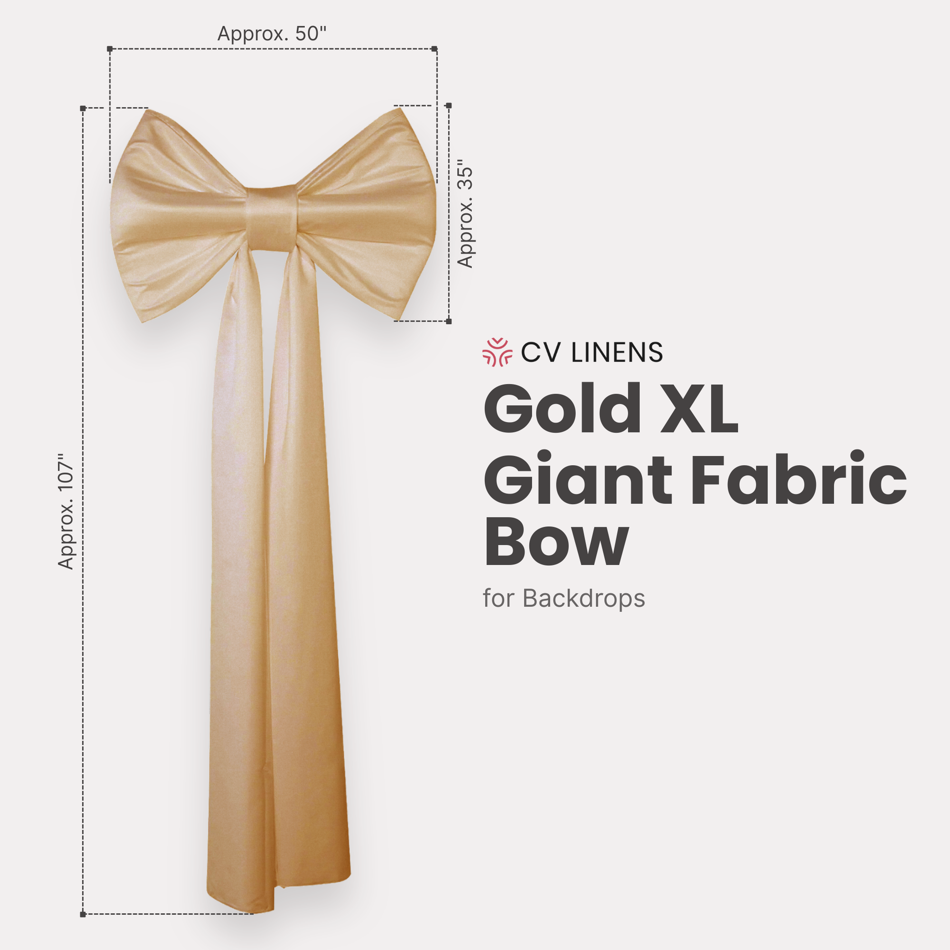 XL Giant Fabric Bow for Backdrop Gold infographic showing product measurements of 107" in length and 50" wide