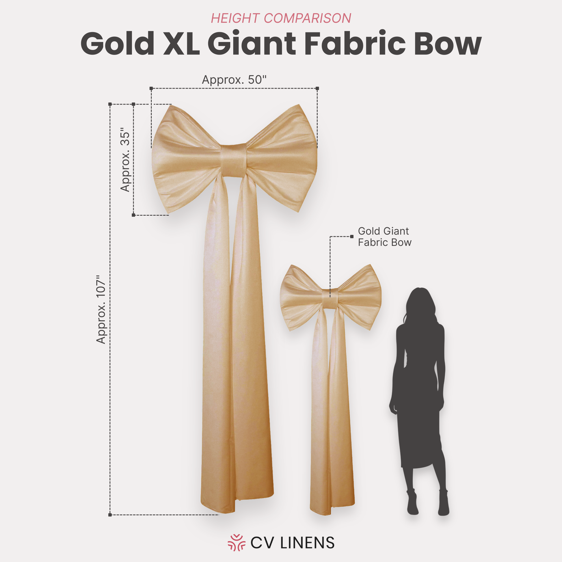 XL Giant Fabric Bow for Backdrop Baby Blue infographic showing product measurements compared to the Giant Fabric Bow
