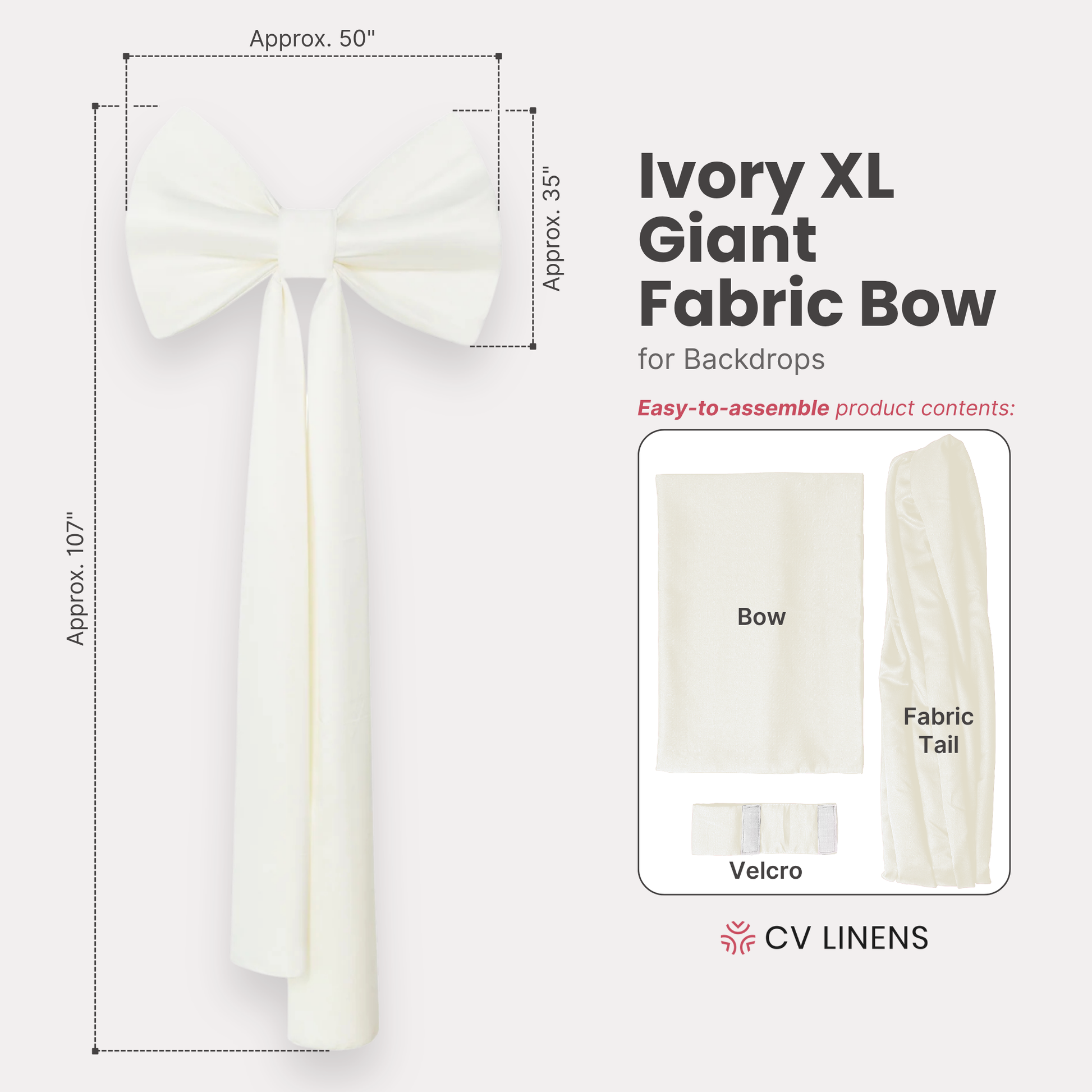 XL Giant Fabric Bow for Backdrop Ivory infographic showing contents