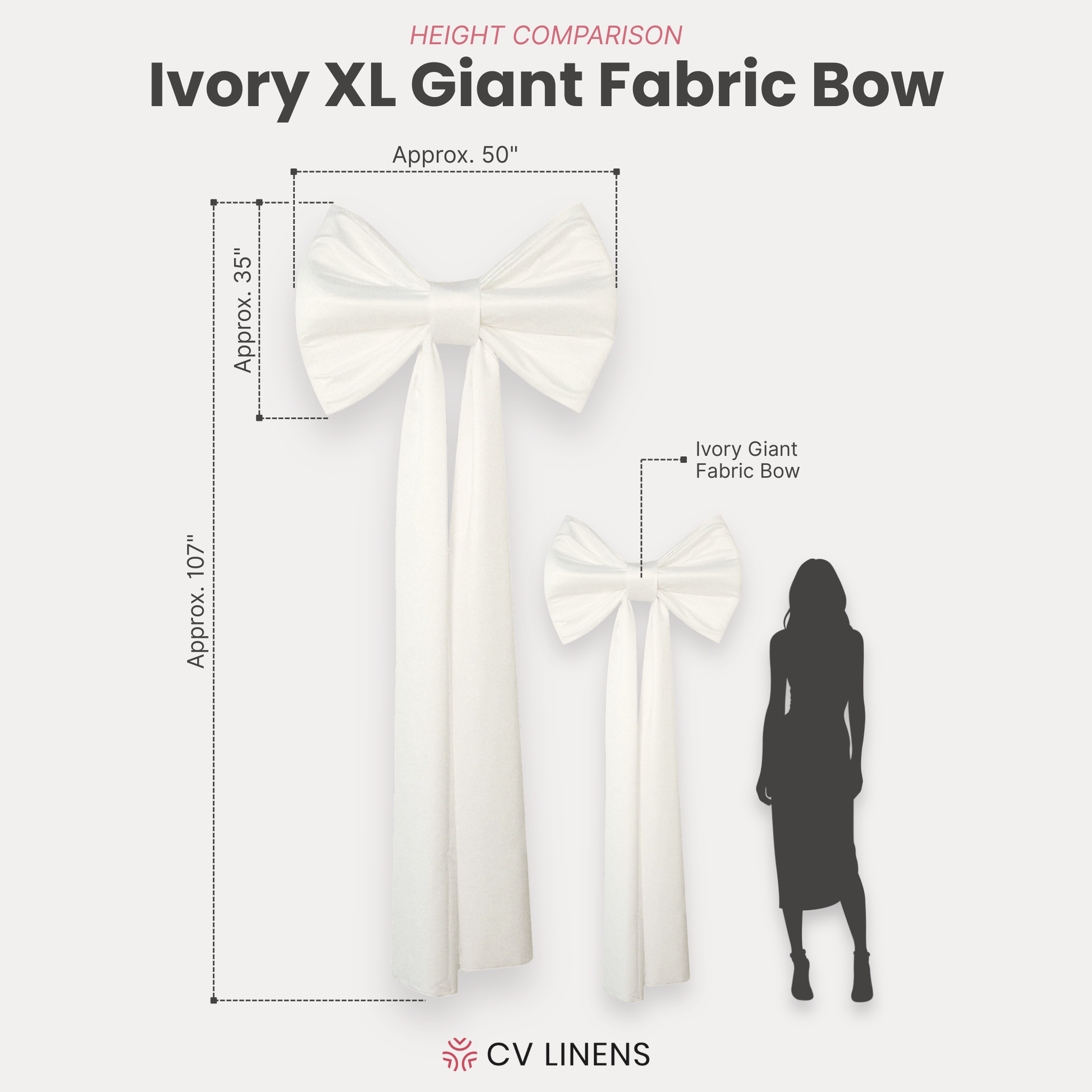XL Giant Fabric Bow for Backdrop Ivory infographic showing product measurements compared to the Giant Fabric Bow