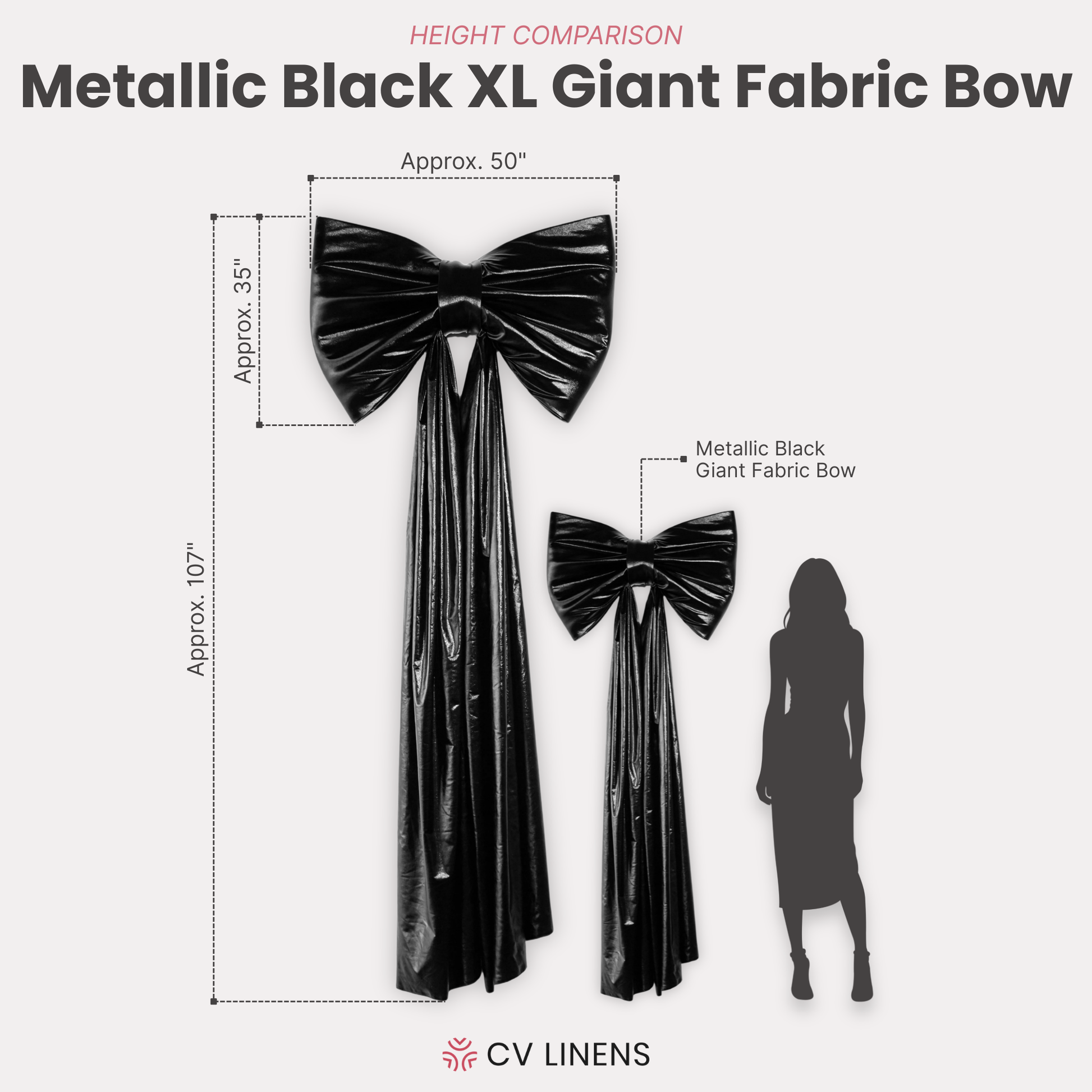 XL Giant Fabric Bow for Backdrop - Metallic Black infographic showing height comparison