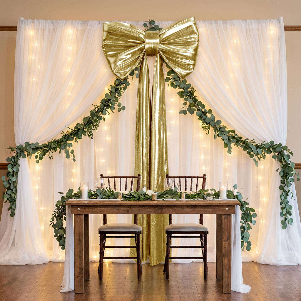 XL Giant Fabric Bow for Backdrop - Metallic Gold with sheer voile white drapes  and eucalyptus greenery garland
