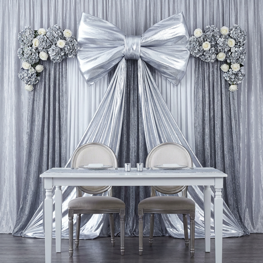 Silver metallic sweetheart table backdrop with a giant bow, flowing drapes, white table, and two chairs for a wedding.