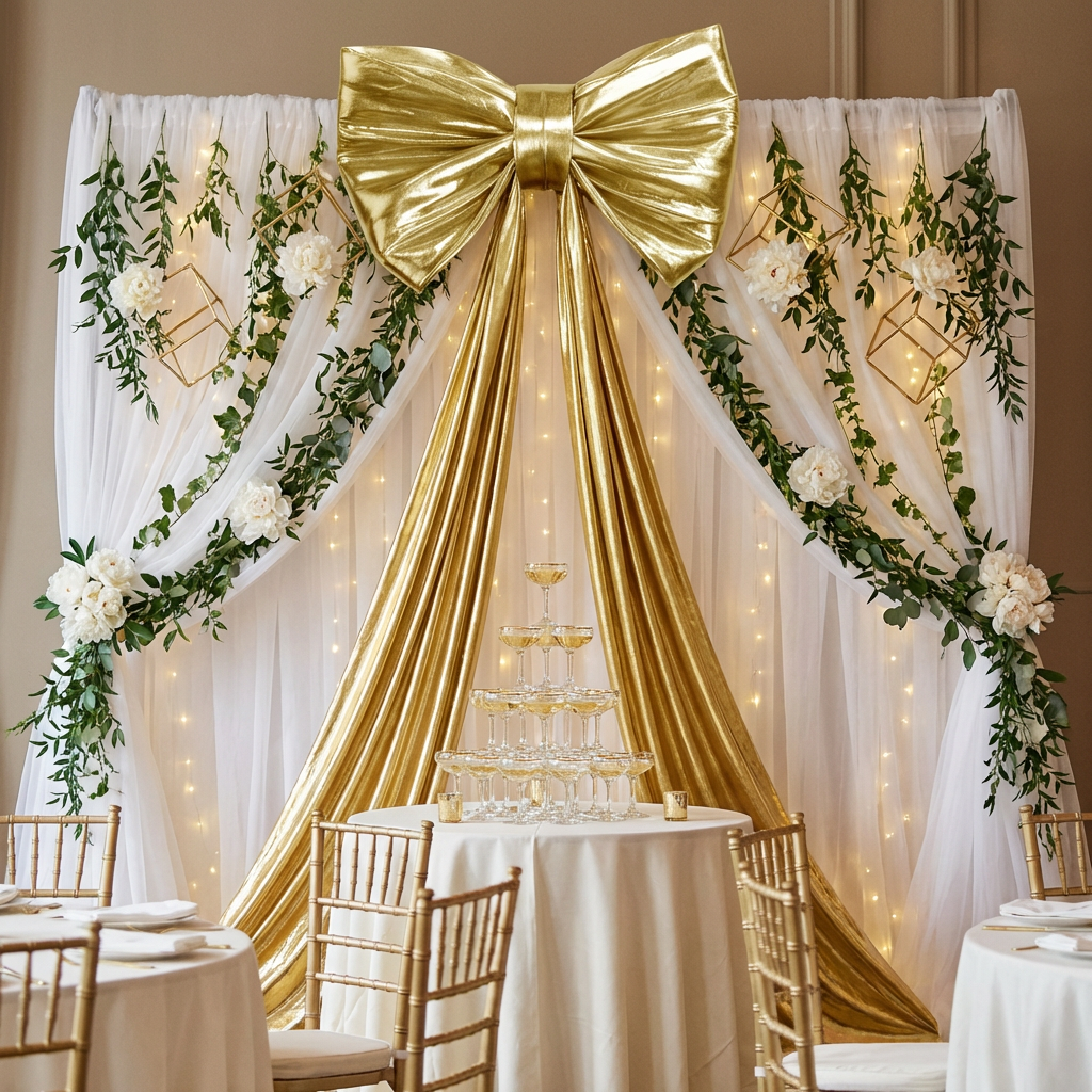 XL Giant Fabric Bow for Backdrop Metallic Gold against sheer white drapes panels, greenery garland and white florals behind a champagne table
