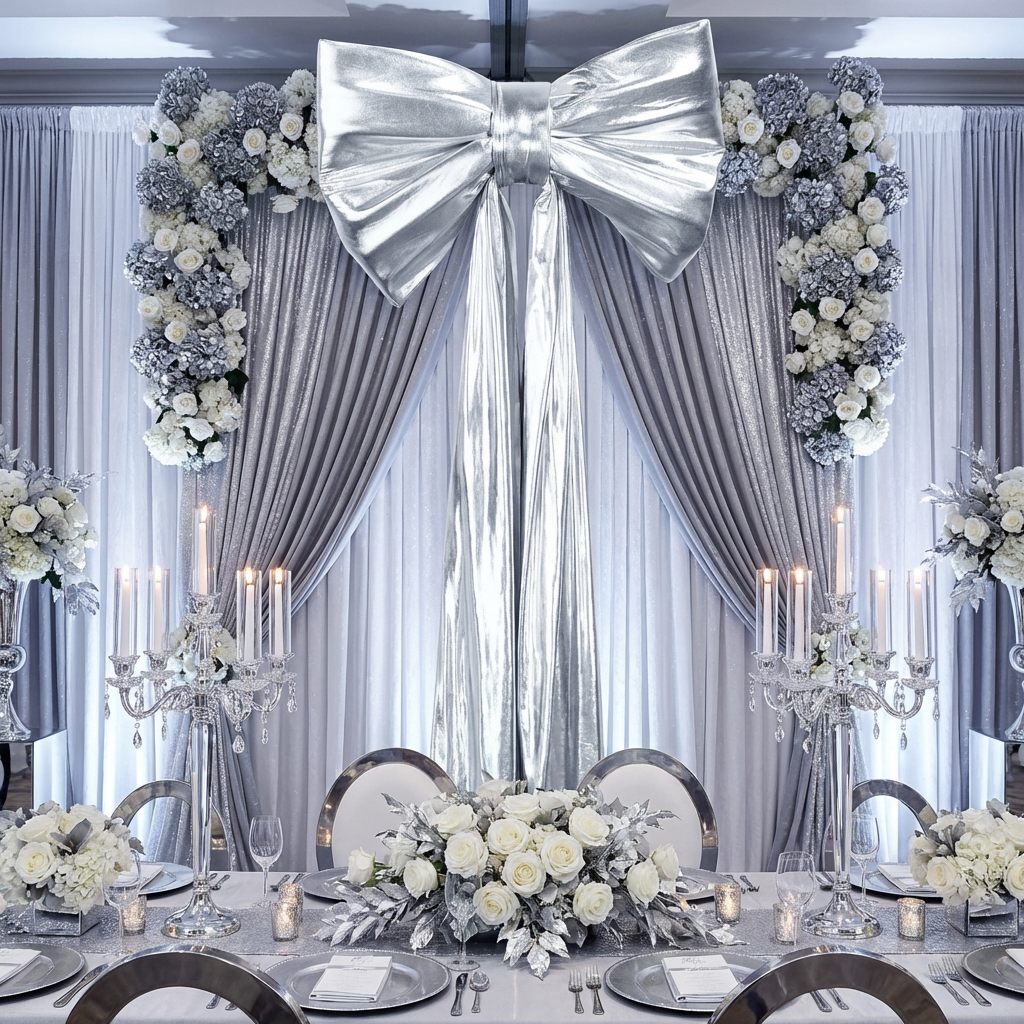 XL Giant Fabric Bow for Backdrop Metallic Silver  for a winter wonderland wedding
