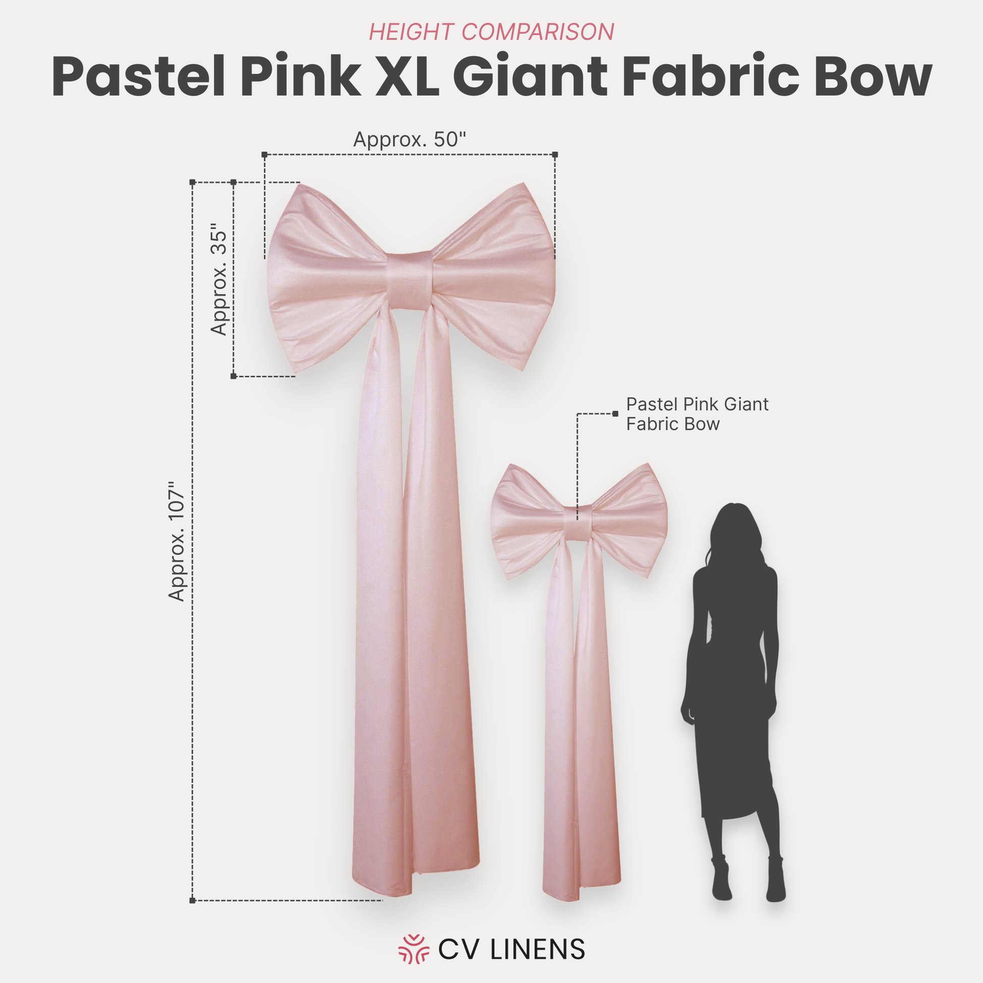 XL Giant Fabric Bow for Backdrop Pastel Pink infographic showing product measurements compared to the Giant Fabric Bow