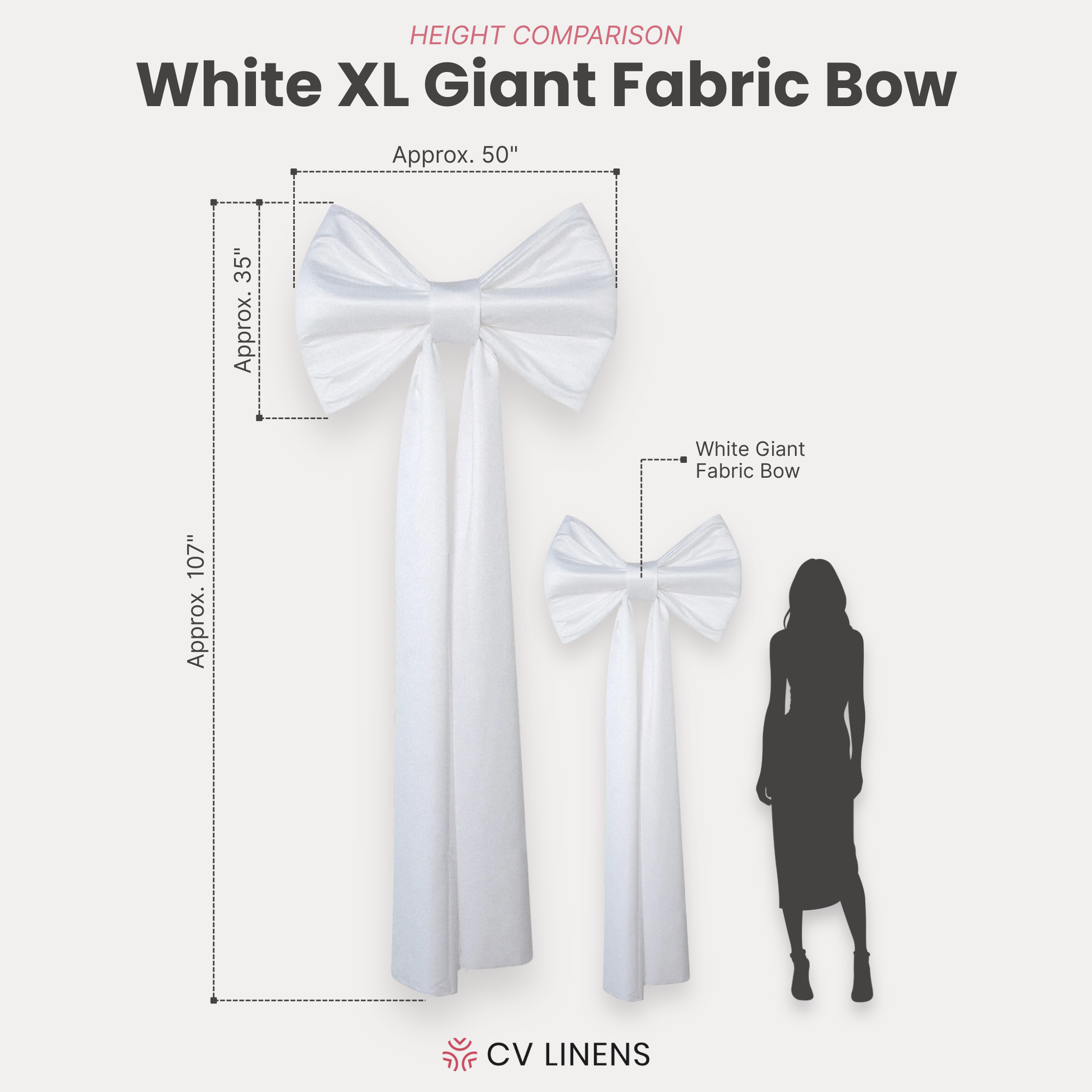 XL Giant Fabric Bow for Backdrop White infographic showing product measurements compared to the Giant Fabric Bow