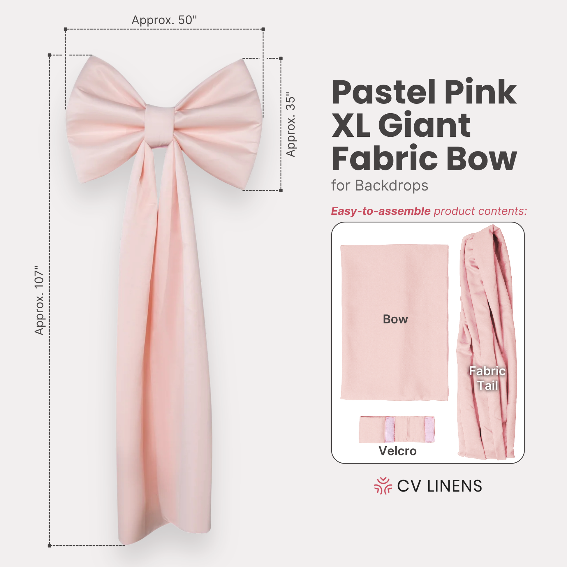 XL Giant Fabric Bow for Backdrop Pastel Pink infographic showing product contents