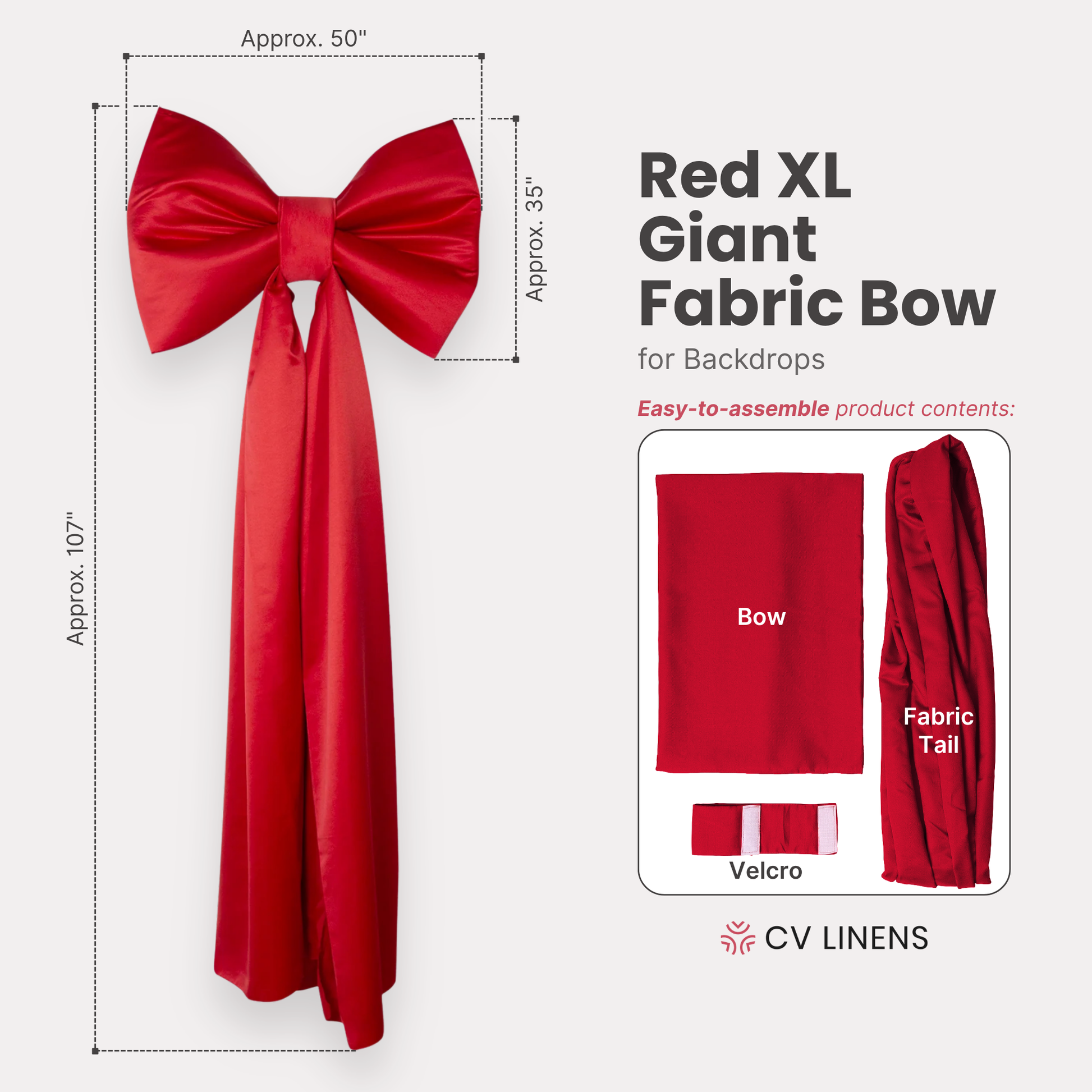 XL Giant Bow for Backdrop Red infographic showing product contents 