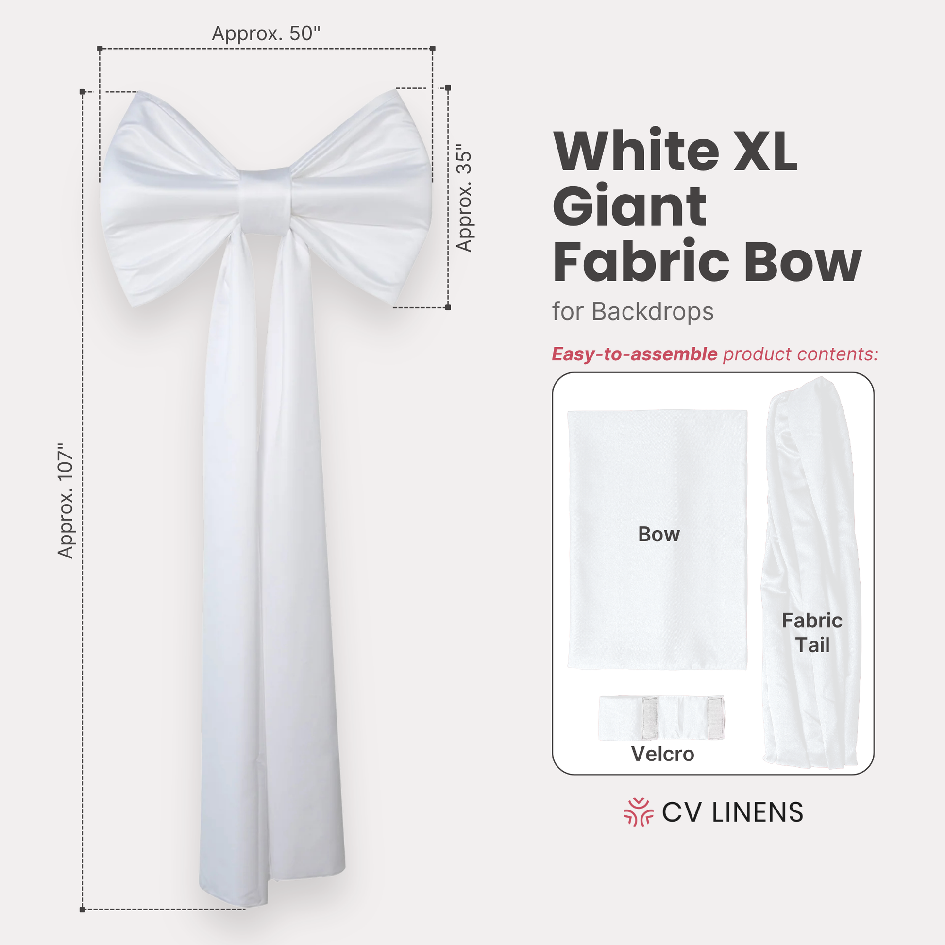XL Giant Fabric Bow for Backdrop White infographic showing product contents
