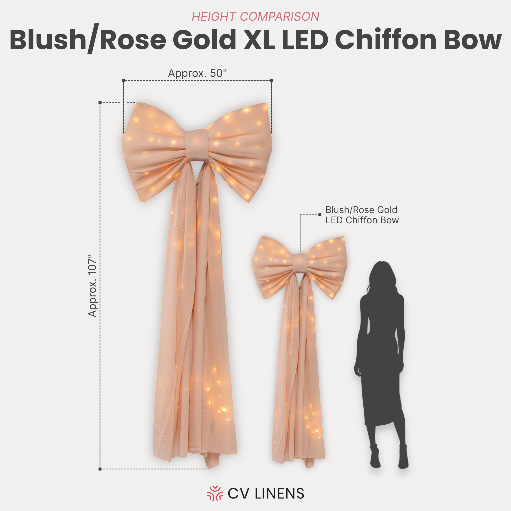 XL LED Chiffon Bow for Backdrop Blush/Rose Gold infographic showing person height comparison