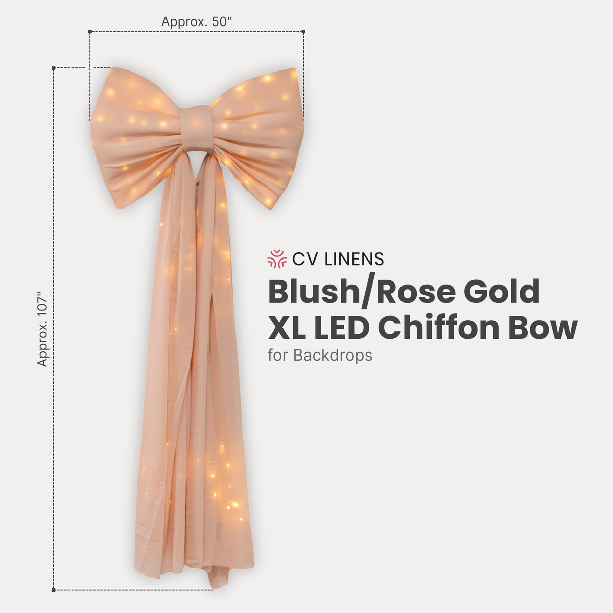 XL LED Chiffon Bow for Backdrop Blush/Rose Gold infographic showing product dimensions