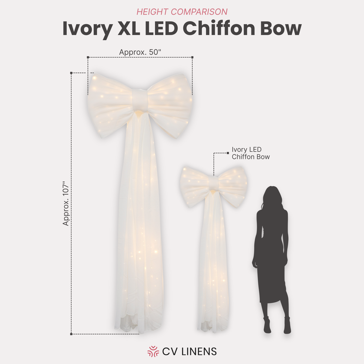XL LED Chiffon Bow for Backdrop Ivory infographic showing size comparison