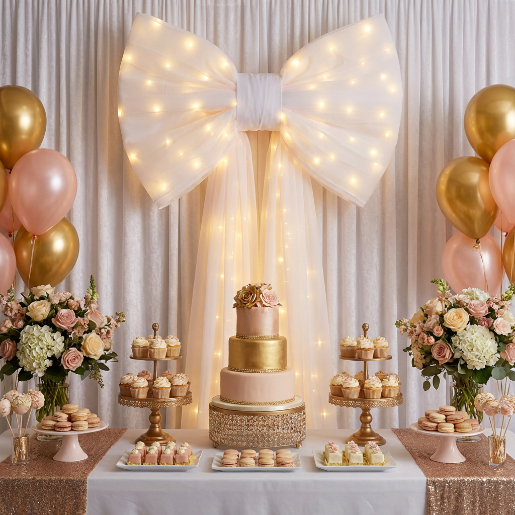 XL LED Chiffon Bow for Backdrop Ivory  behind a dessert table
