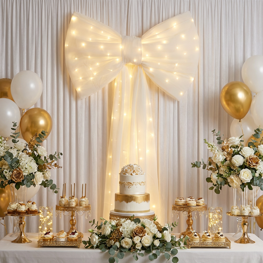 XL LED Chiffon Bow for Backdrop Ivory on a backdrop with white backdrop drapes 