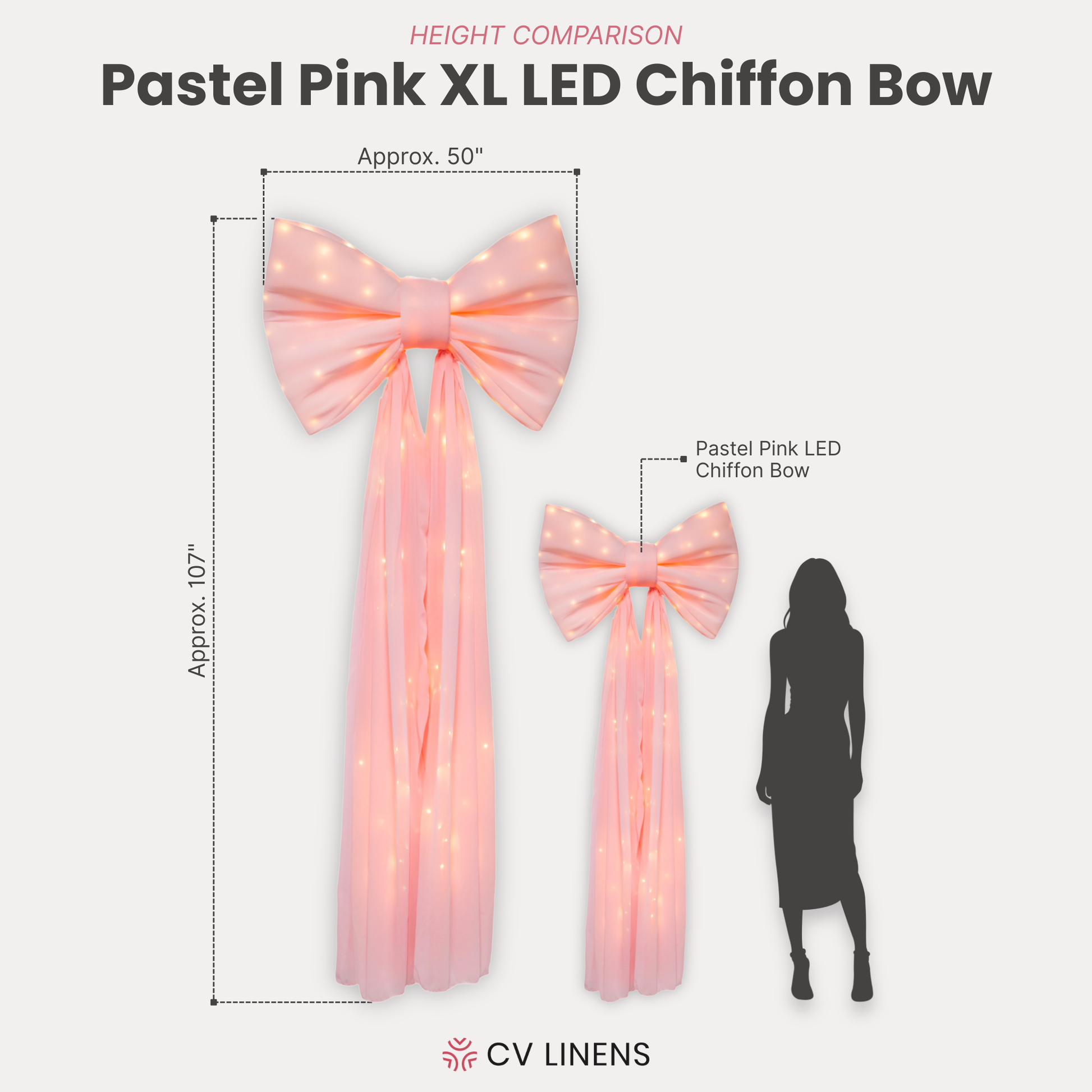XL LED Chiffon Bow for Backdrop Pastel Pink infographic showing height comparison