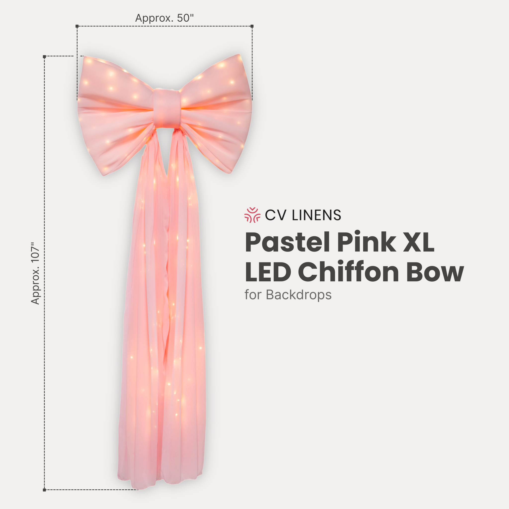 XL LED Chiffon Bow for Backdrop Pastel Pink infographic showing product dimensions