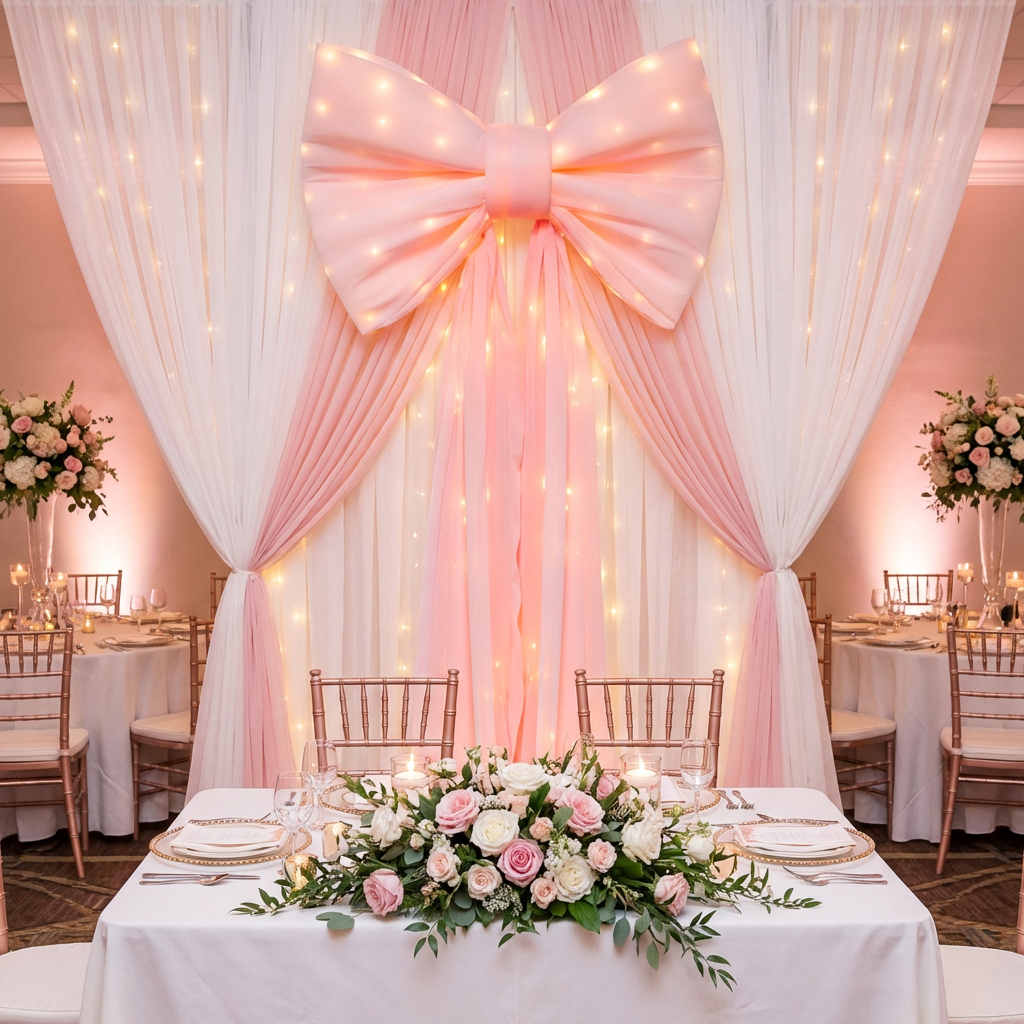 XL LED Chiffon Bow for Backdrop Pastel Pink paired with sheer drapes in white and pink for a wedding