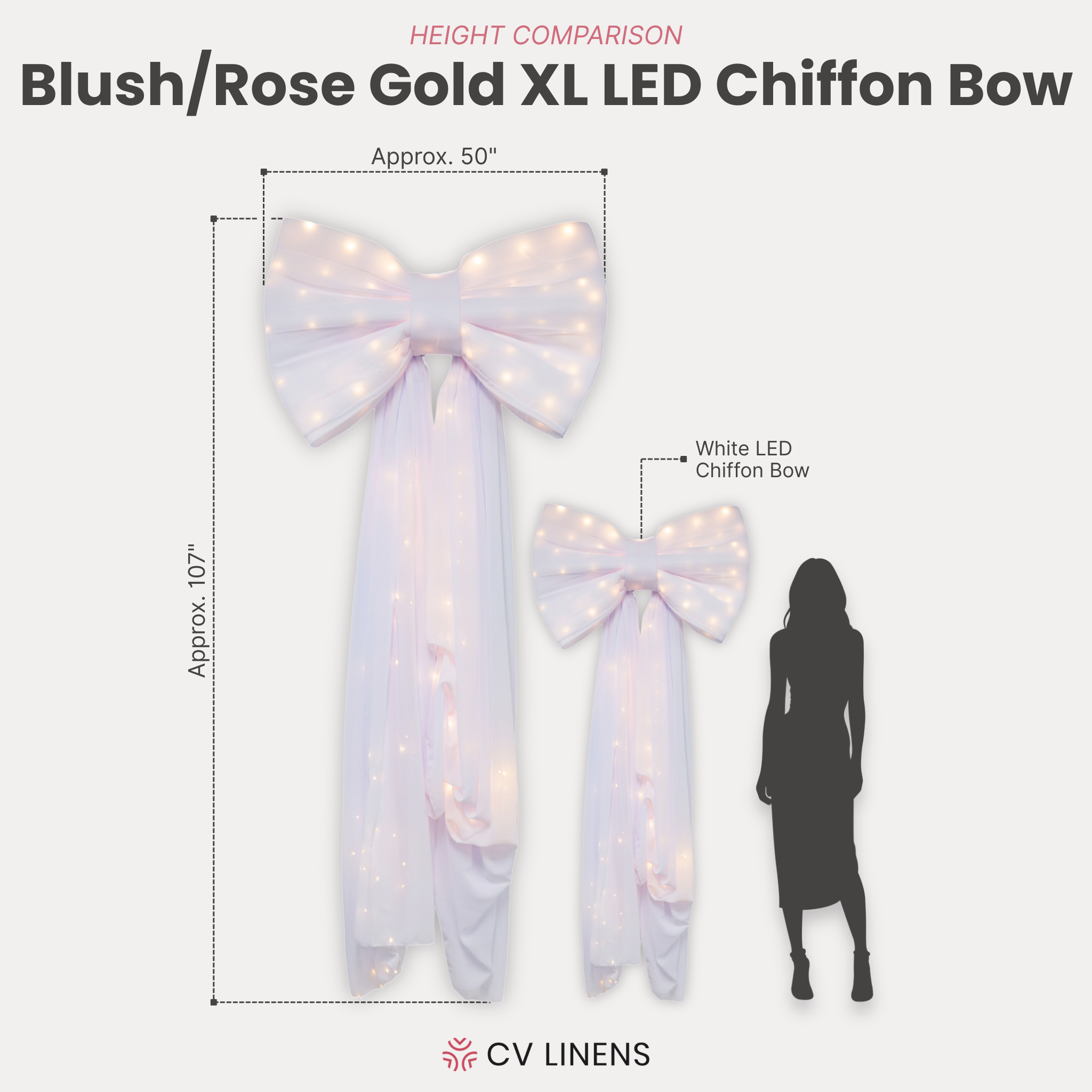 XL LED Chiffon Bow for Backdrop White infographic showing dimension comparison