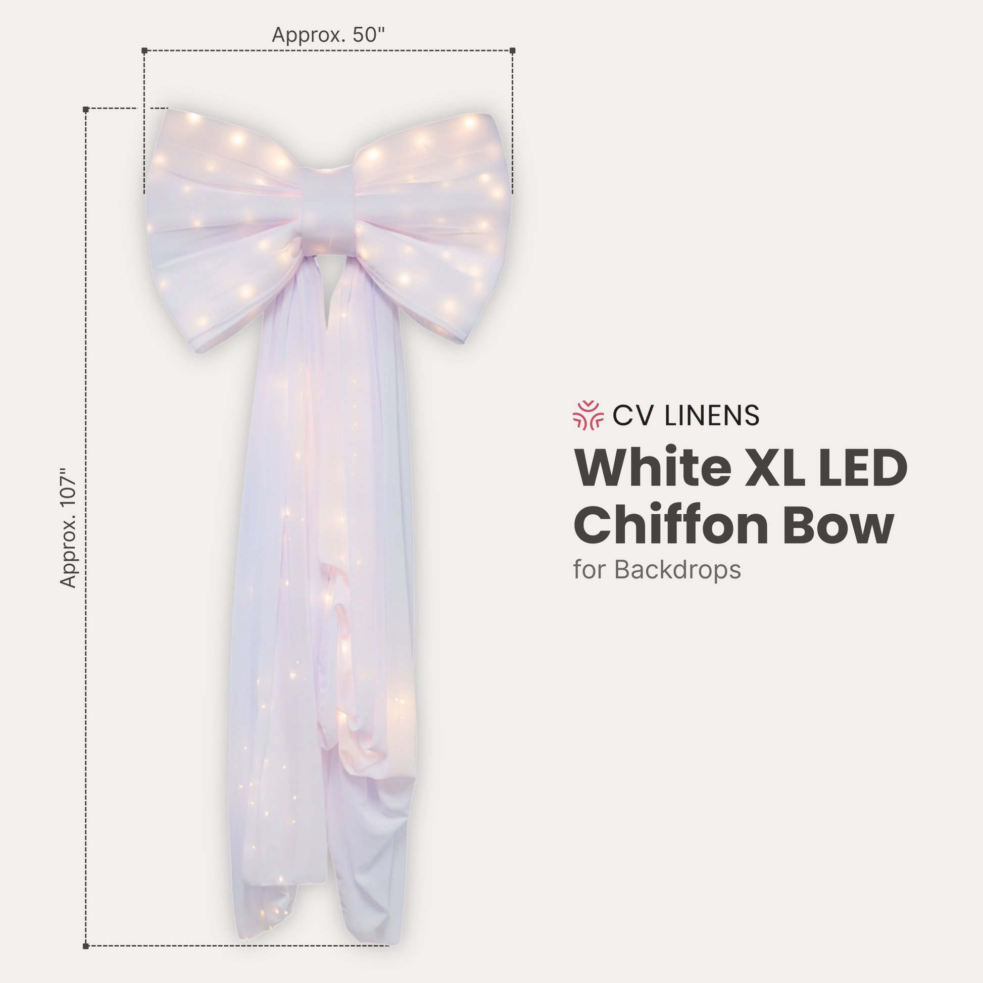 XL LED Chiffon Bow for Backdrop White infographic showing dimensions