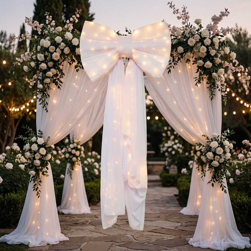 XL LED Chiffon Bow for Backdrop White wedding backdrop with greenery and white florals