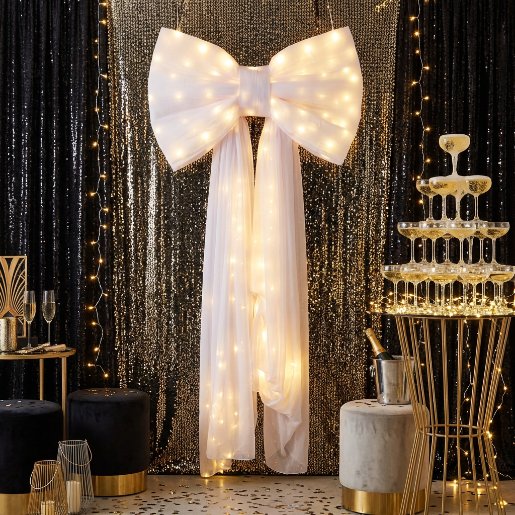XL LED Chiffon Bow for Backdrop White paired with gold decor for a celebration
