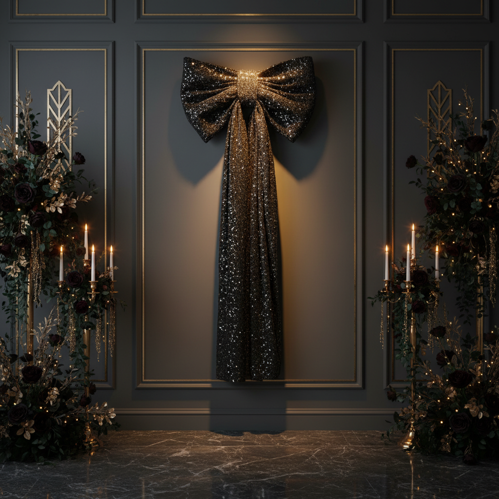 XL Sequin Velvet Giant Fabric Bow for Backdrop - Black Charcoal NYE Front View