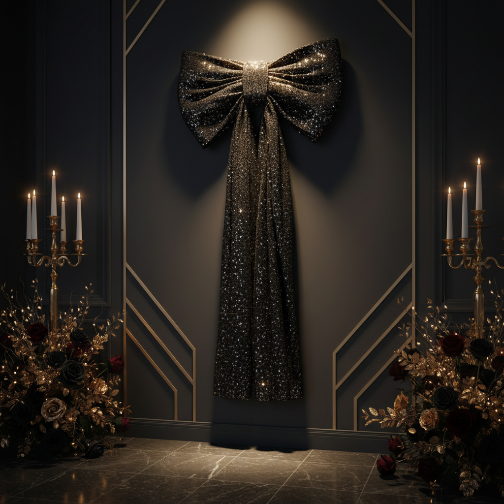 XL Sequin Velvet Giant Fabric Bow for Backdrop - Black  Charcoal NYE 