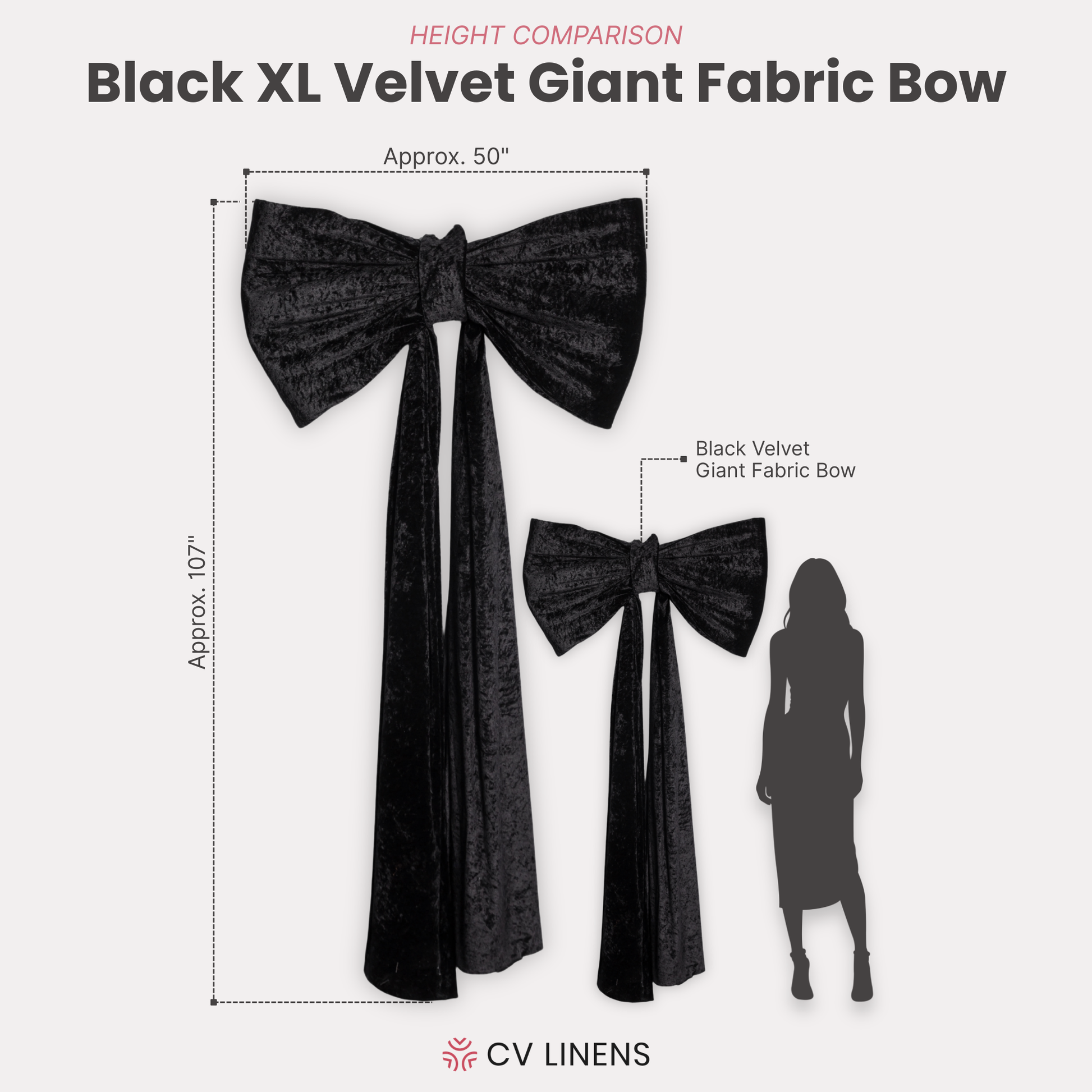 XL Velvet Giant Fabric Bow for Backdrop Black infographic height comparison