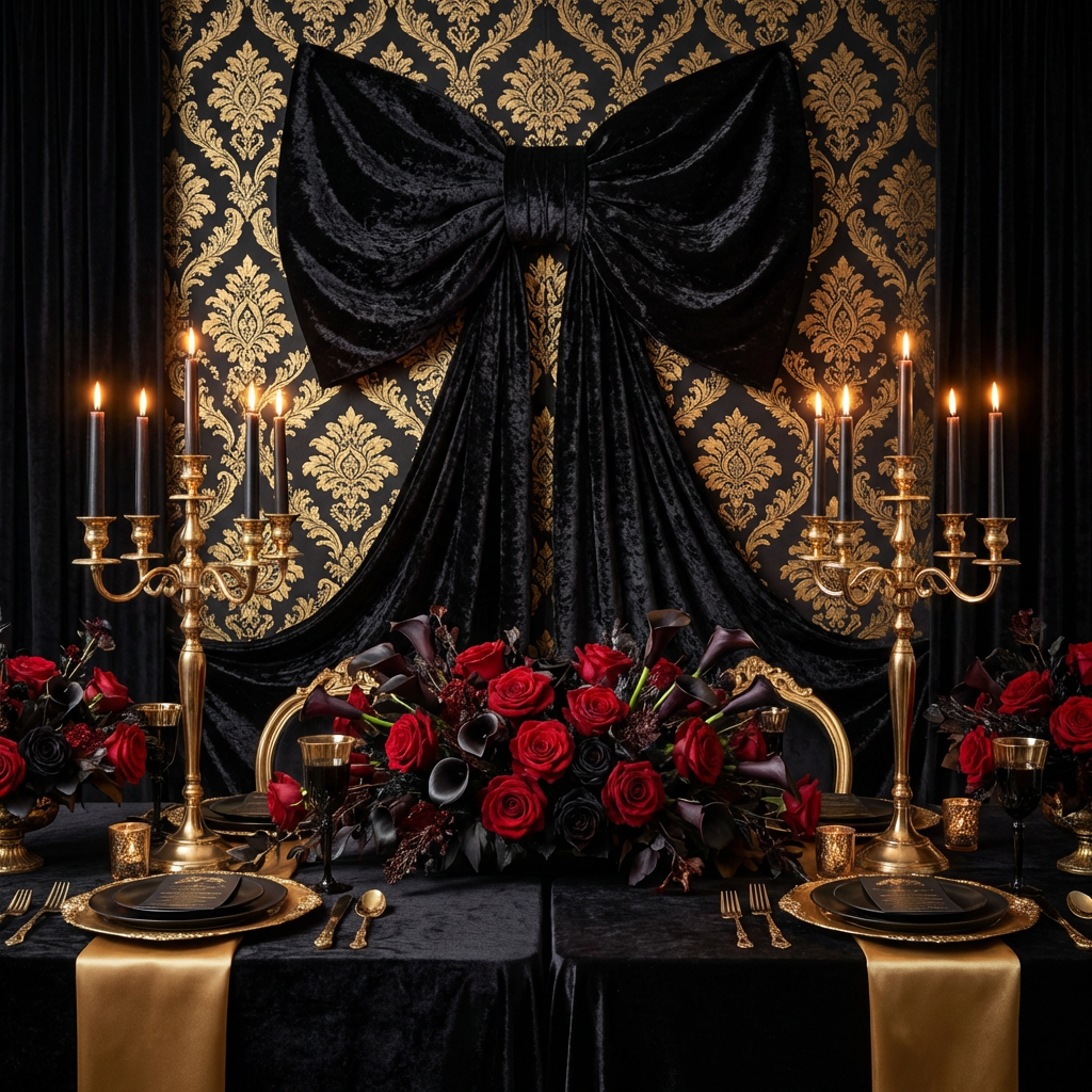 XL Velvet Giant Fabric Bow for Backdrop Black paired with Gold/Black backdrop behind a bridal table
