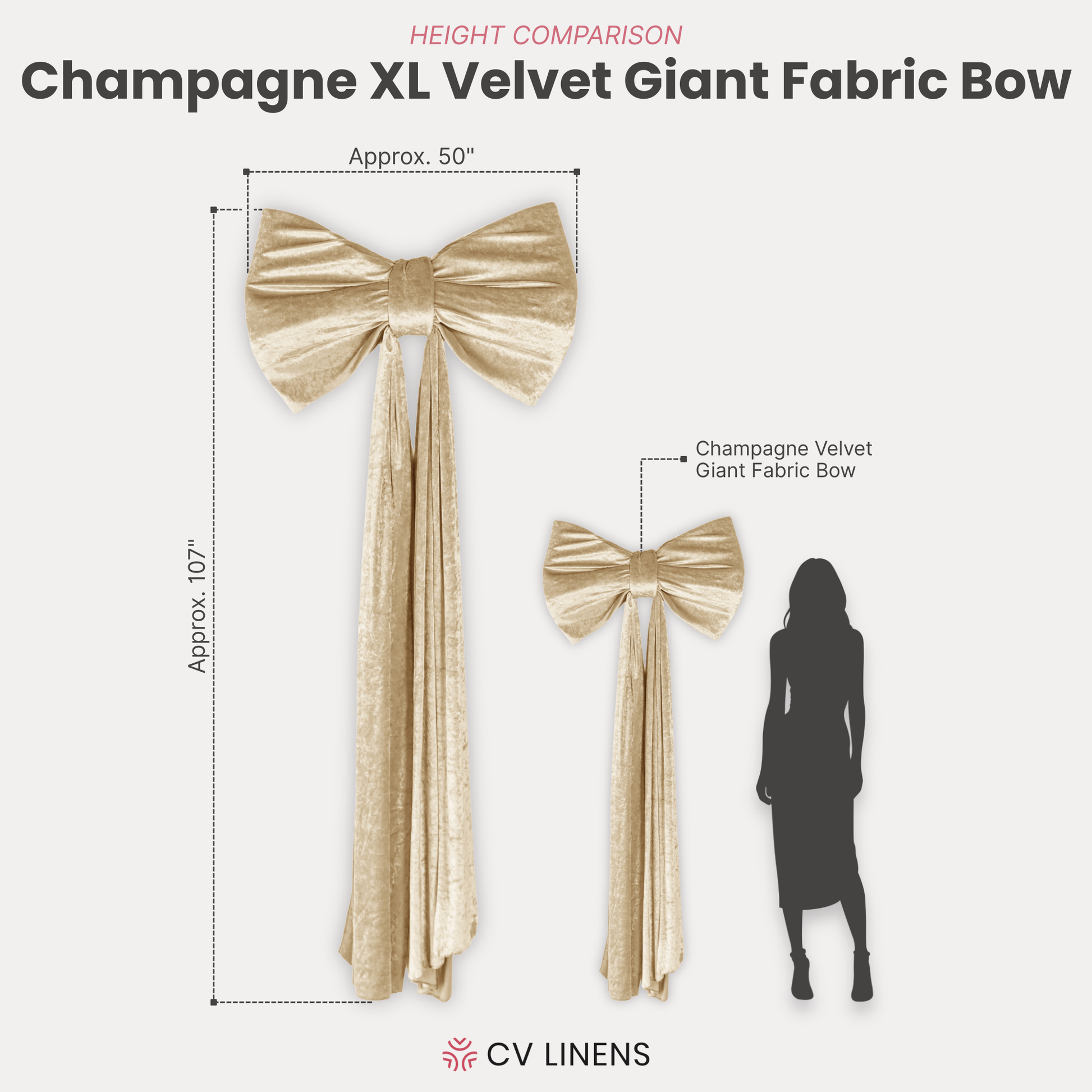 XL Velvet Giant Fabric Bow for Backdrop Champagne infographic
height comparison