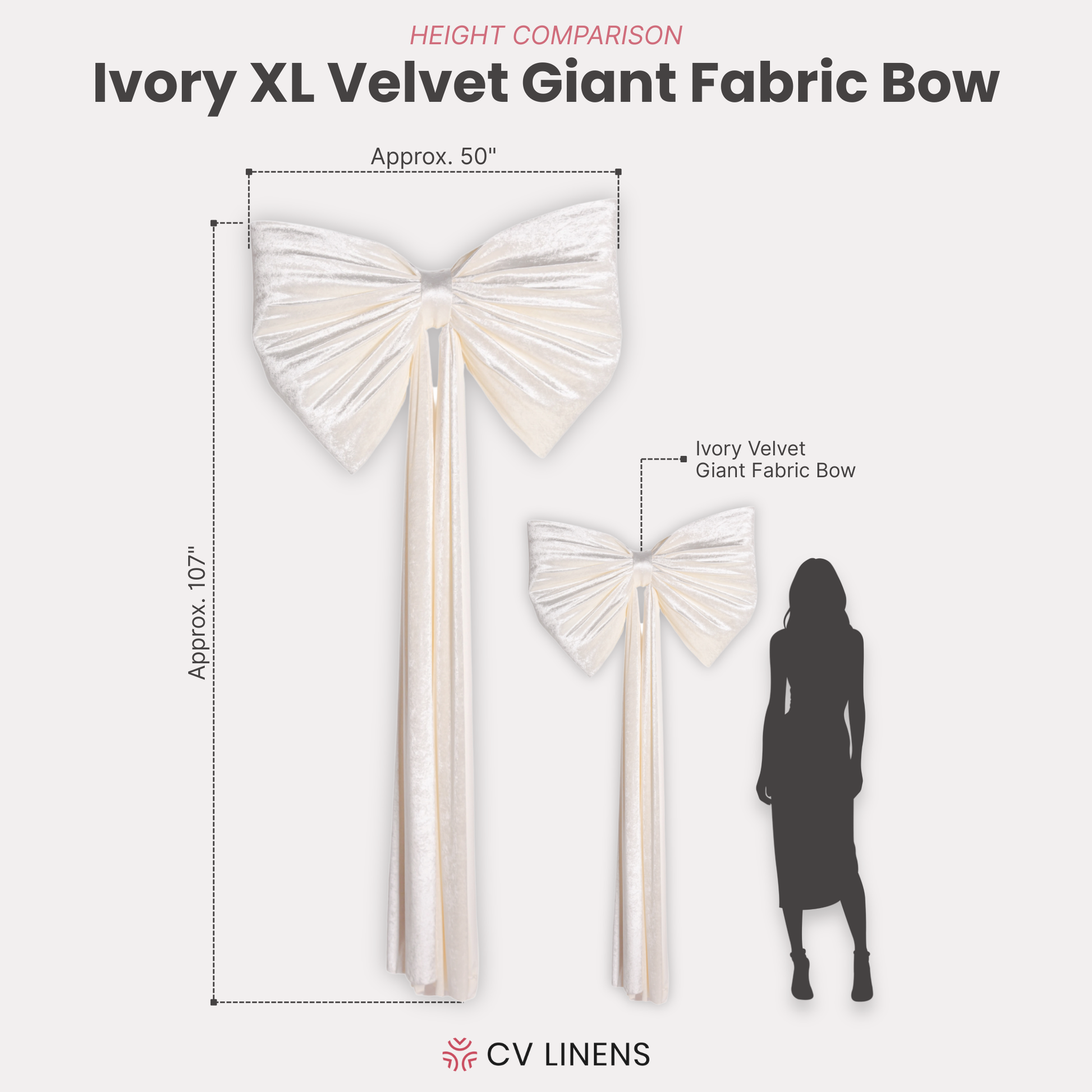 XL Velvet Giant Fabric Bow for Backdrop Ivory infographic height comparison