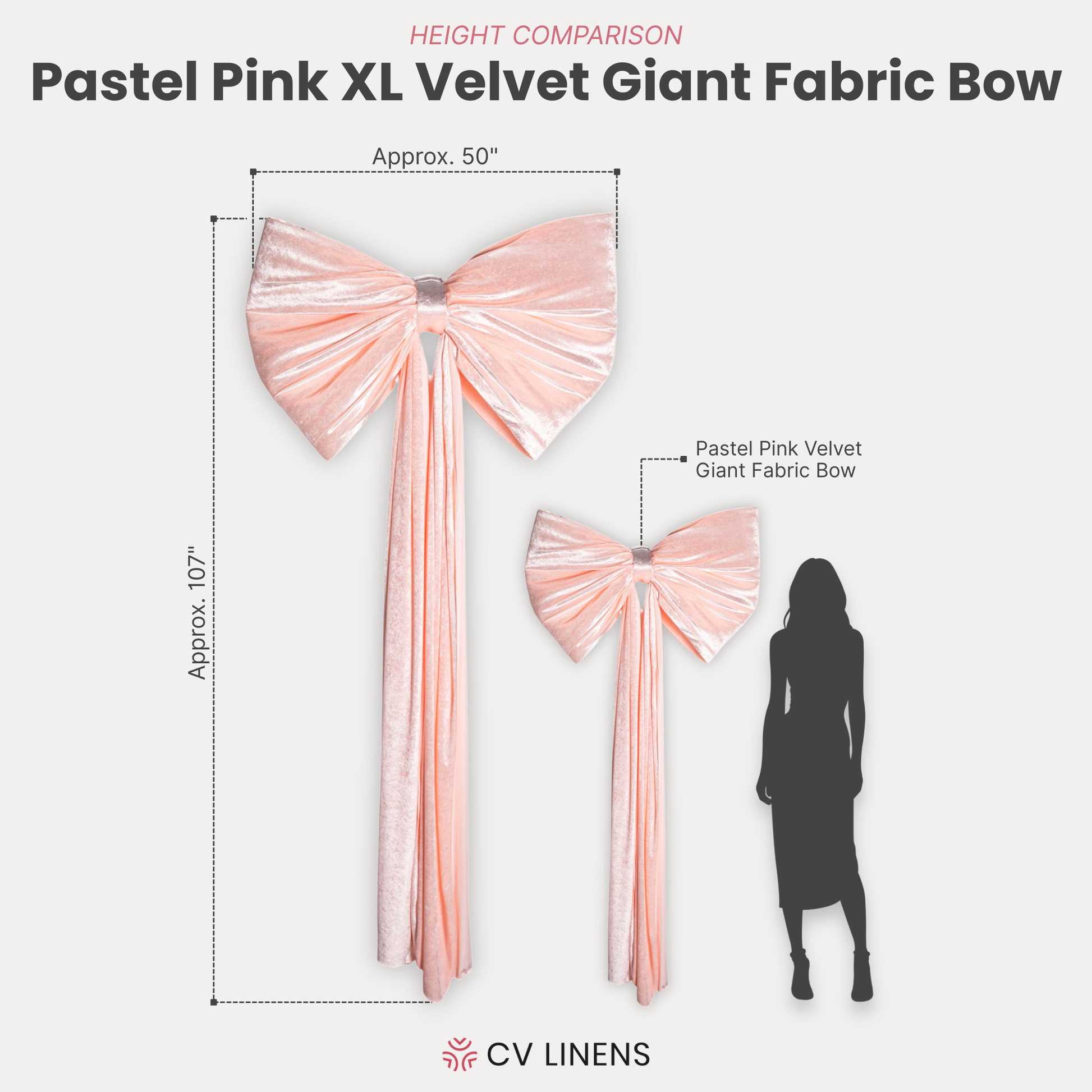 XL Velvet Giant Fabric Bow for Backdrop Pastel Pink infographic height comparison