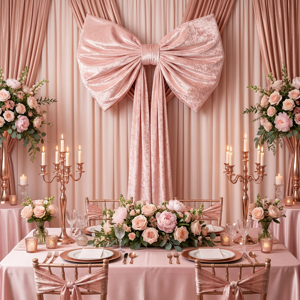 XL Velvet Giant Fabric Bow for Backdrop - Pastel Pink behind a bridal table