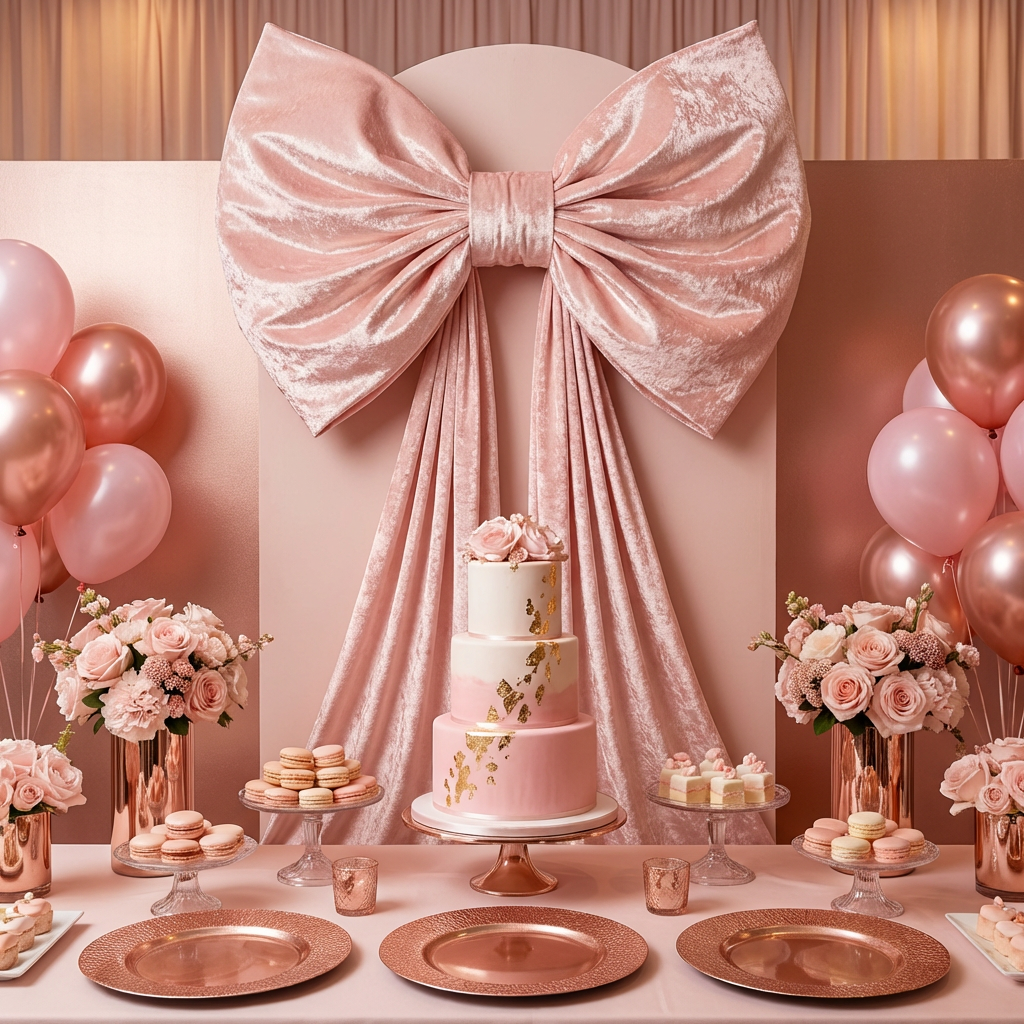 XL Velvet Giant Fabric Bow for Backdrop Pastel Pink behind a dessert table
