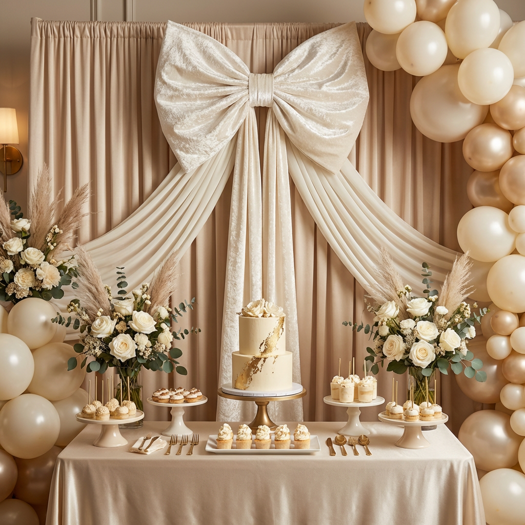 XL Velvet Giant Fabric Bow for Backdrop Ivory against sheer ivory drapes and champagne backdrop panels in front of a dessert table