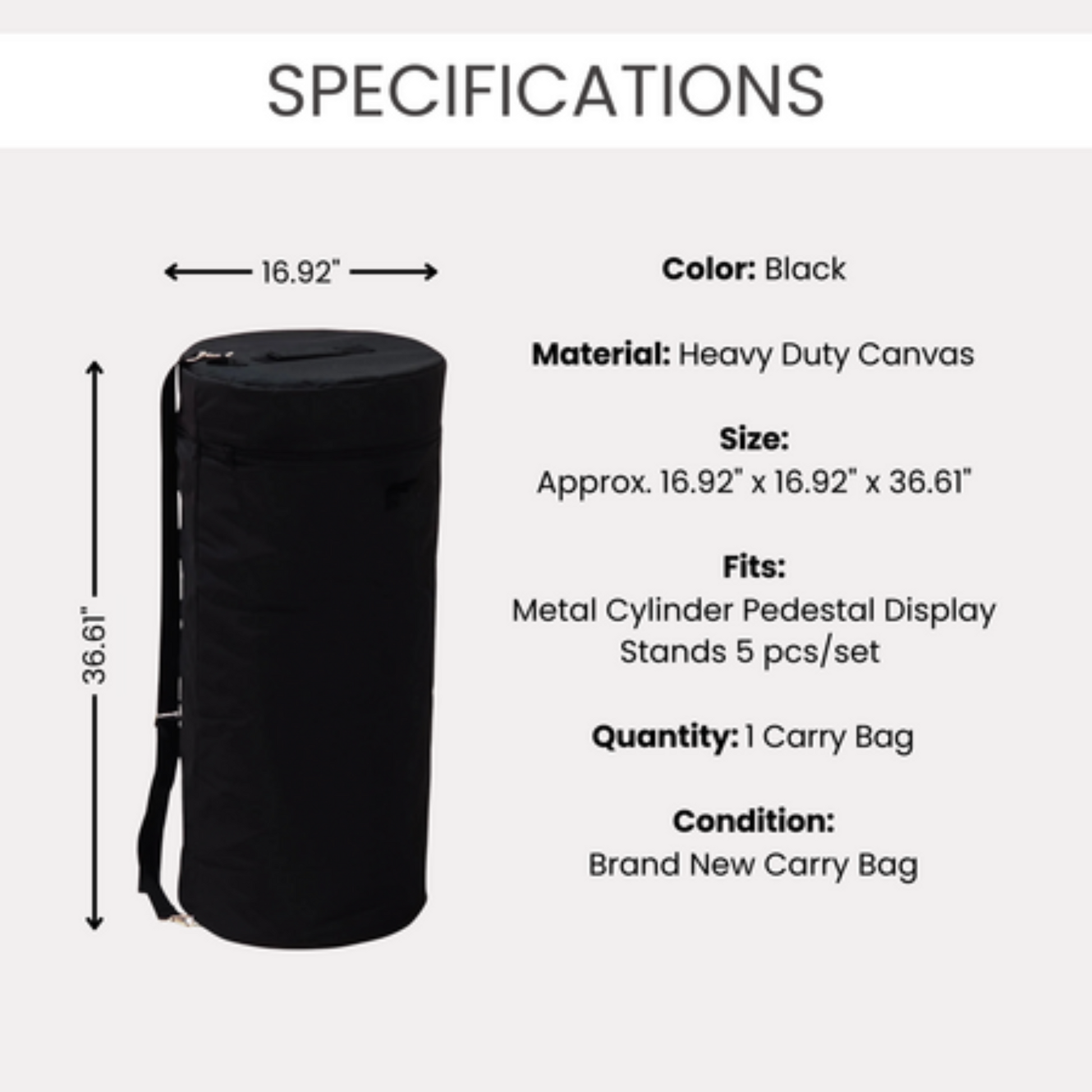 Zipper Carry Bag for Cylinder Pedestals infographic showing width and height