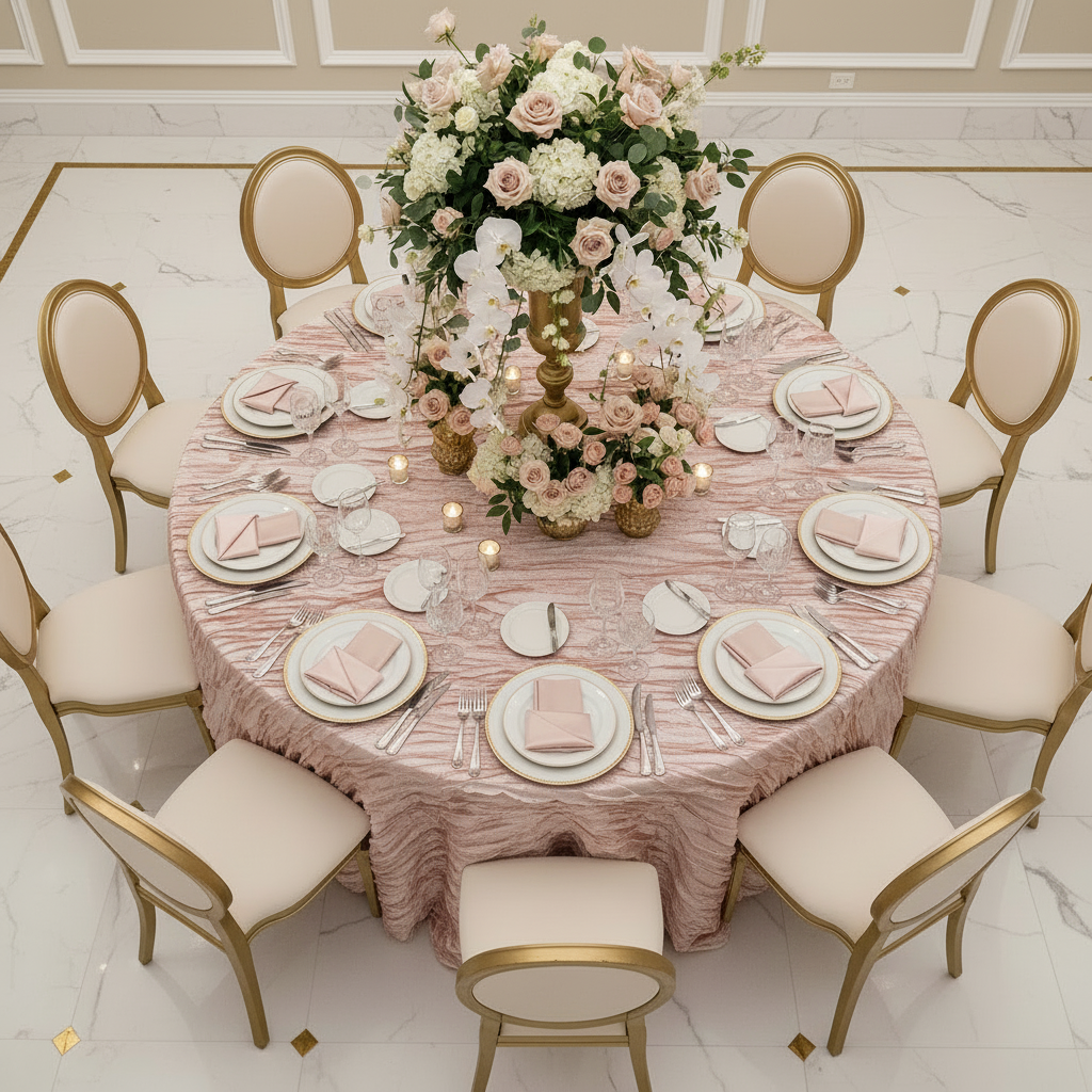 Accordion Crinkle Taffeta 120" Round Tablecloth - Blush/Rose Gold with Oval Chairs and in Bird's Eye View Point.