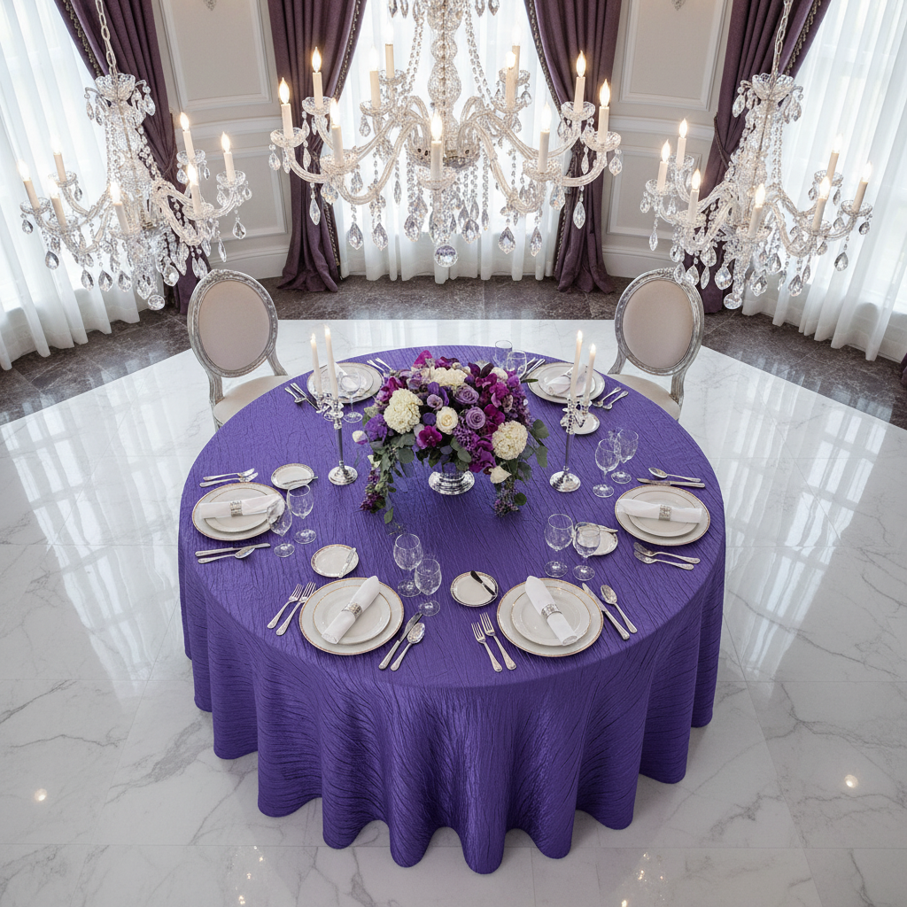 Accordion Crinkle Taffeta 120" Round Tablecloth - Purple with Oval Chairs.