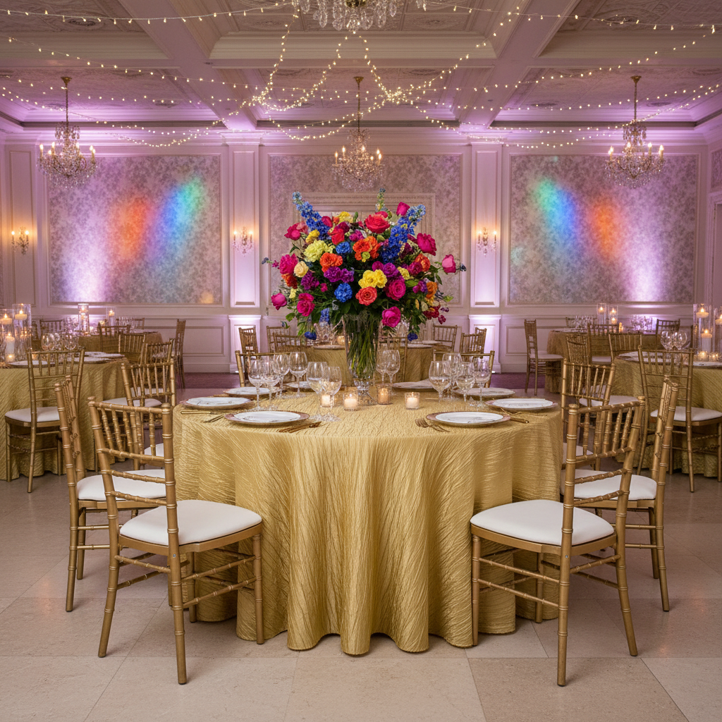 Accordion Crinkle Taffeta 132" Round Tablecloth - Gold with Chiavari Gold Chairs.