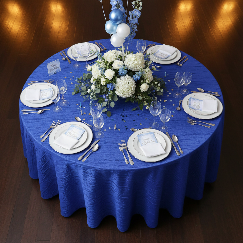 Accordion Crinkle Taffeta 132" Round Tablecloth - Royal Blue in Bird's Eye View Point.